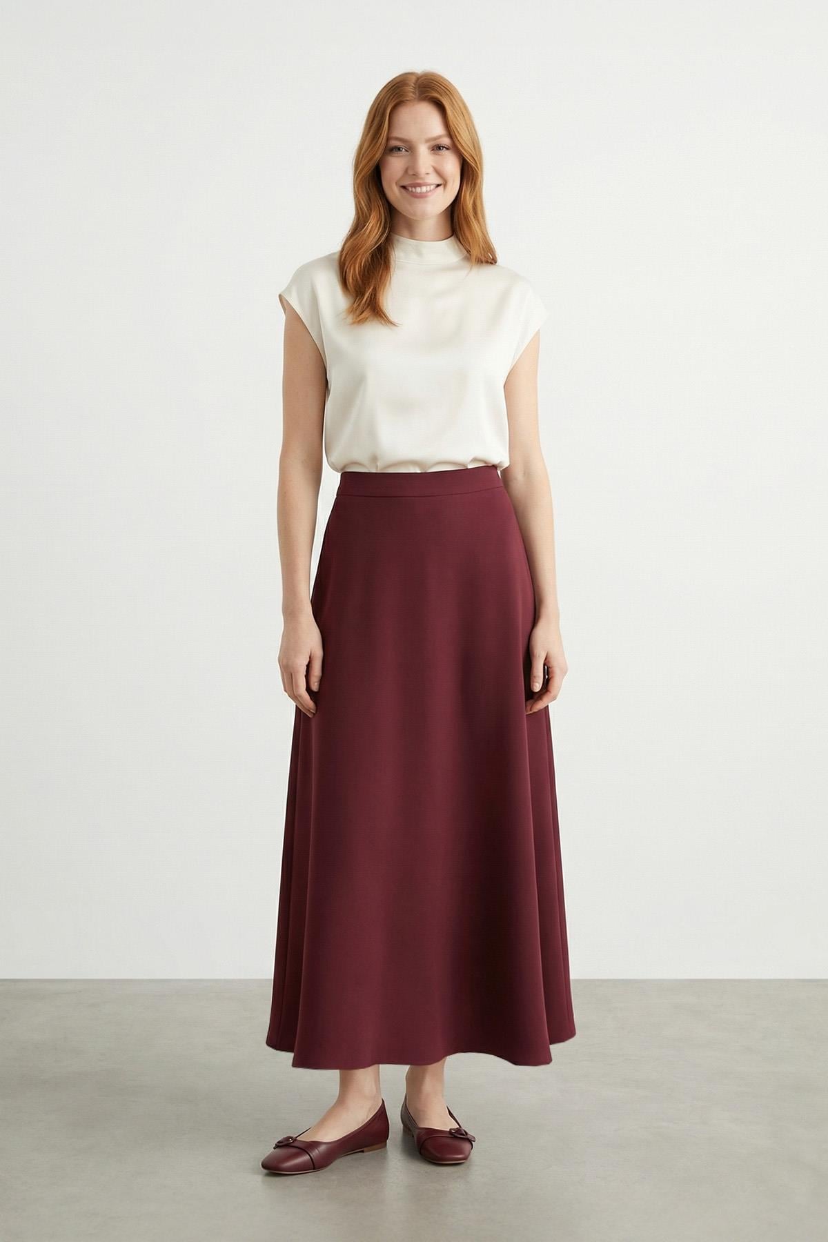 Kadın Yüksek Bel Dökümlü Çan Etek - 18290ETK - BURGUNDY