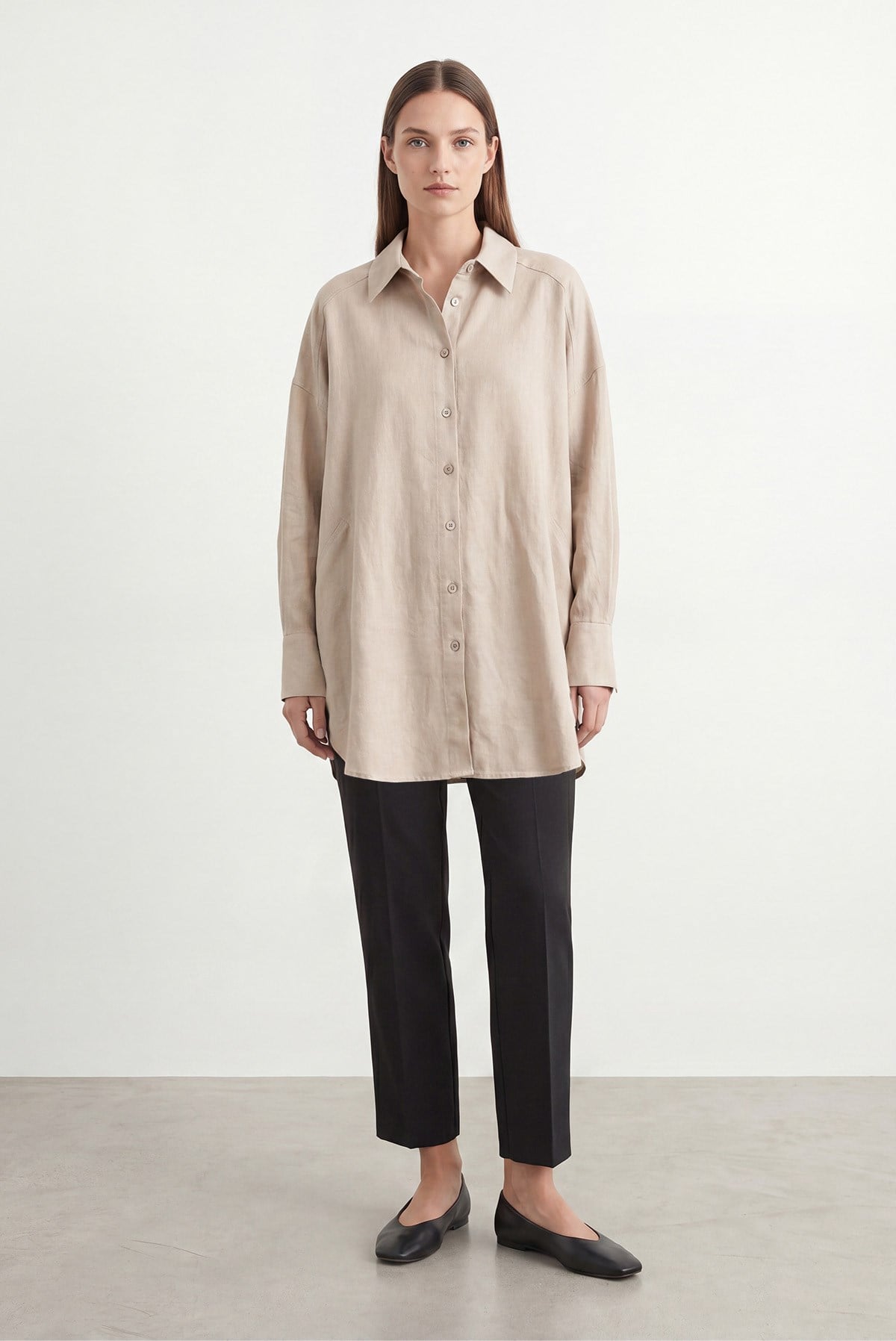 Kadın Naturel Dokulu Oversize Gömlek -10804GML - BEIGE