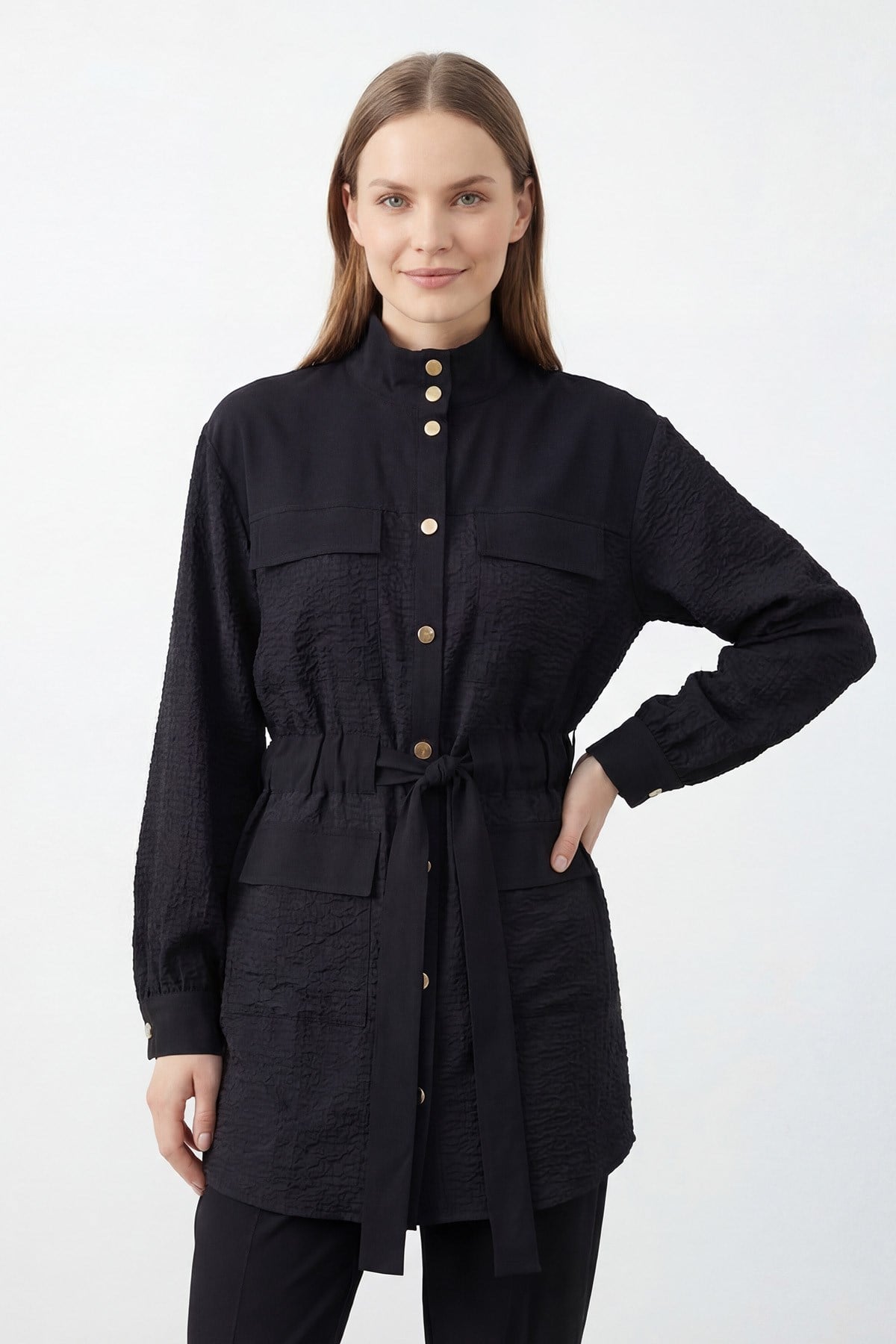 Kadın Hakim Yaka Kuşaklı Bambu Tunik Pantolon Takım – 14451TKS - BLACK