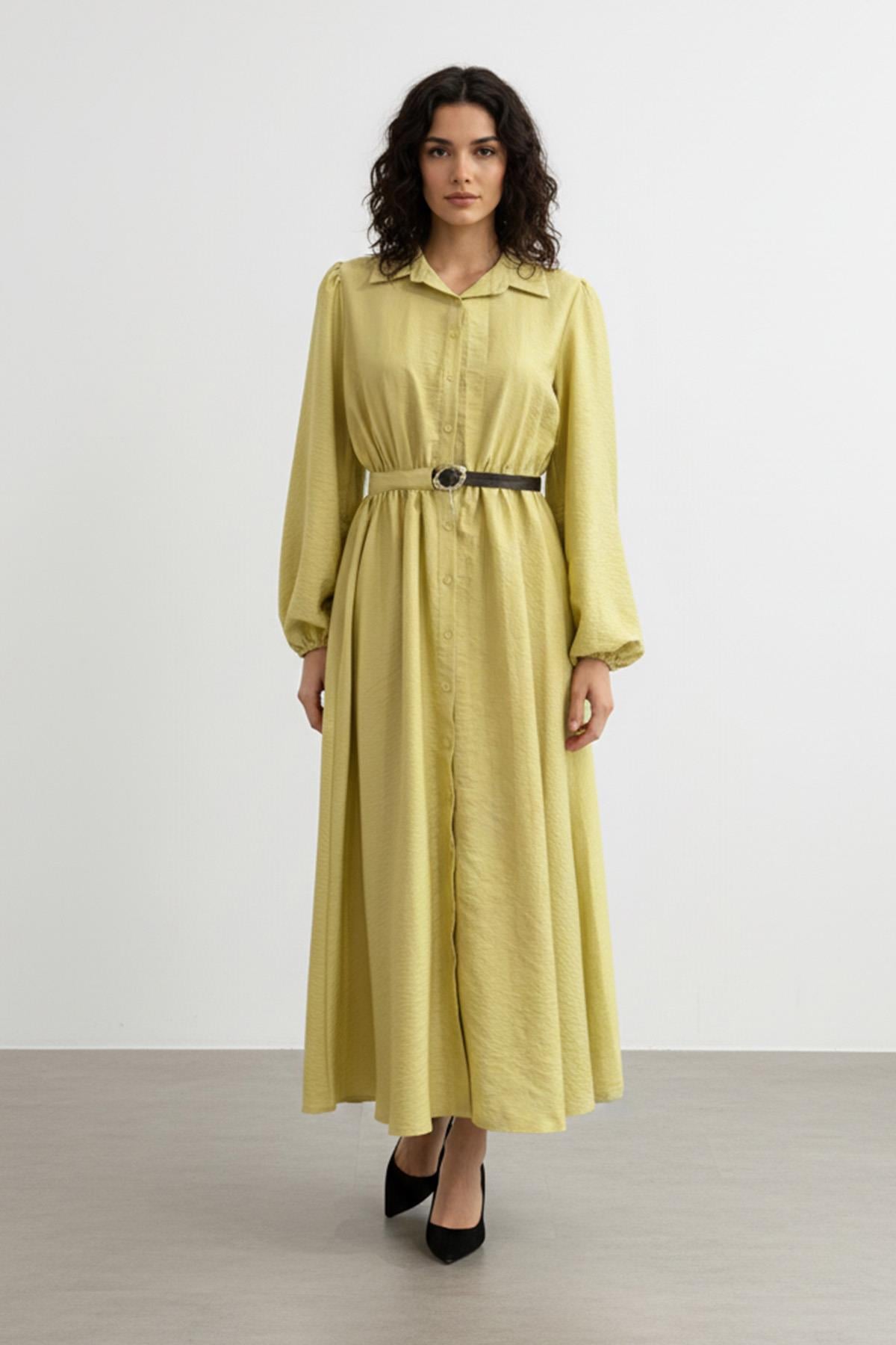 Kemer Detaylı Düğmeli Uzun Elbise-32449 - YELLOW
