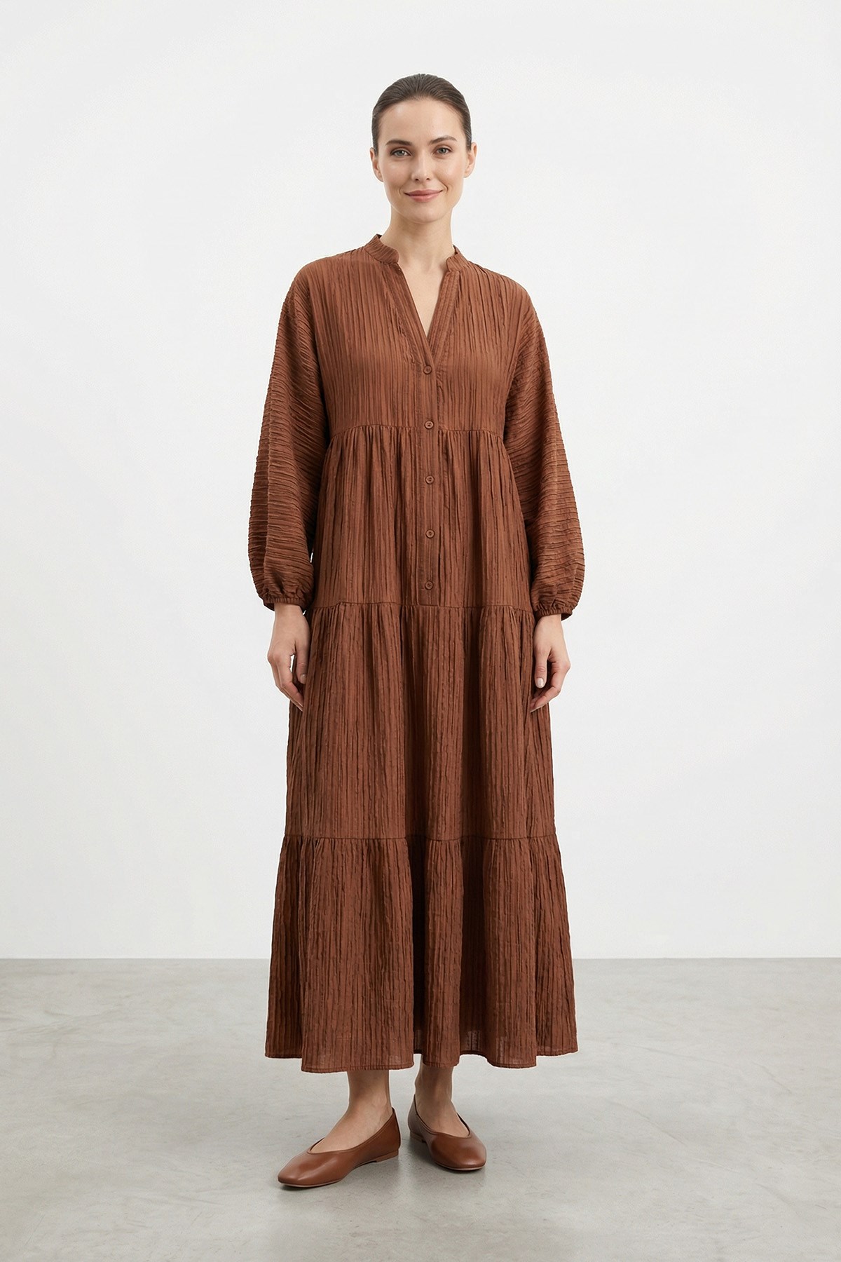 Kadın V Yaka Katlı  Elbise – 32461ELB - BROWN