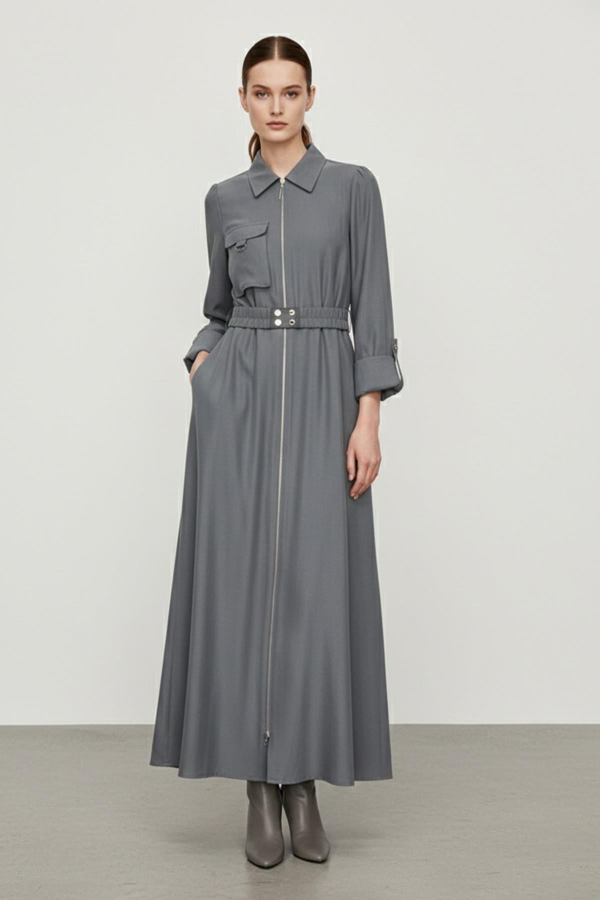Kadın Fermuarlı Gömlek Yaka Belden Kemerli Uzun Elbise-12667 - ANTRACITE