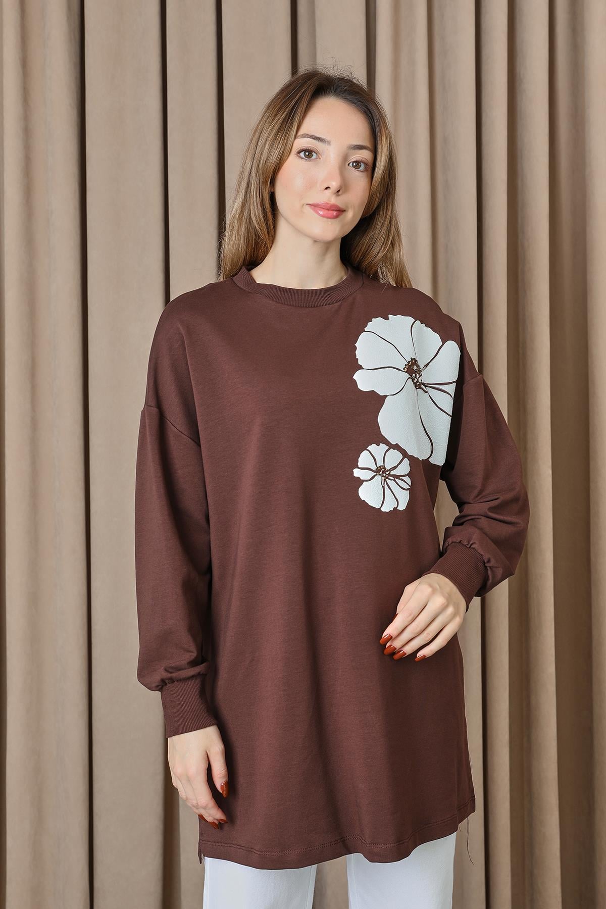 Kadın Omzu Çiçek Baskılı Tunik - 10743TUN - BROWN