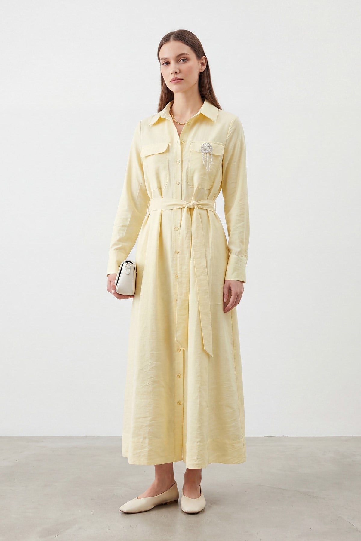 Kadın Broş Detaylı Kuşaklı Uzun Gömlek Elbise – 32472ELB - YELLOW