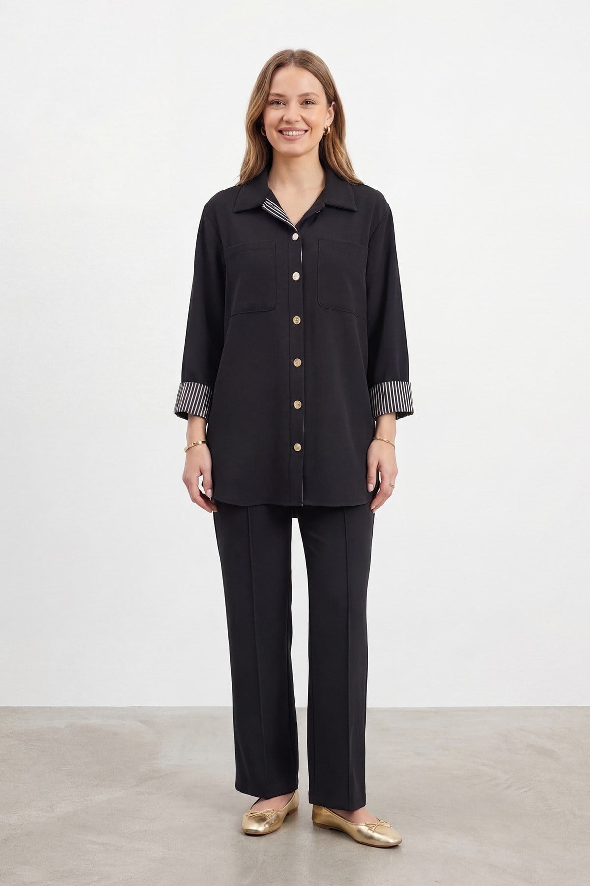 Kadın Gömlek Yaka Garni Detaylı Tunik Pantolon Takım – 14464TKS - BLACK