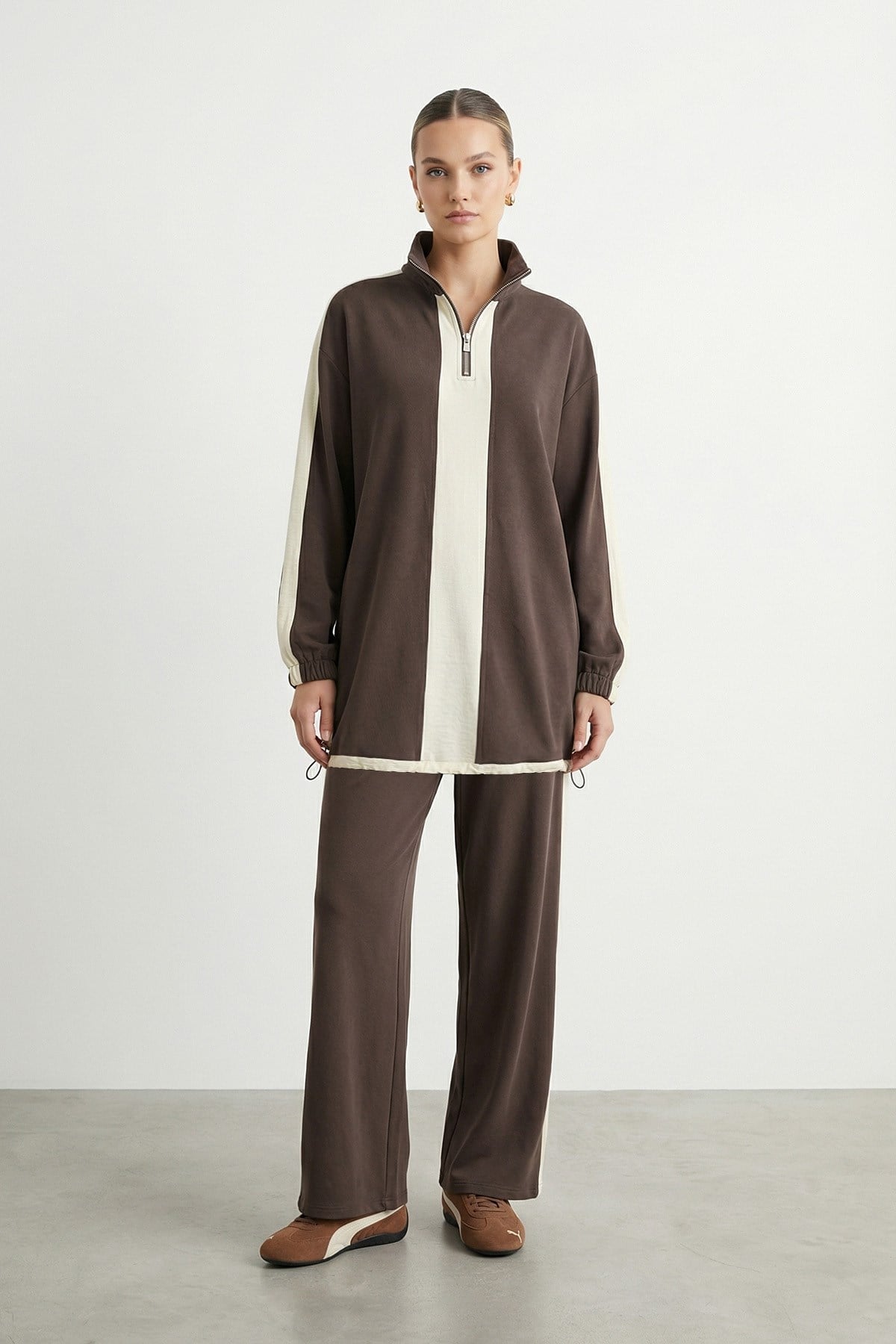 Kadın Yarım Fermuarlı Kontrast Detaylı Rahat Takım – 14485TKS - BROWN