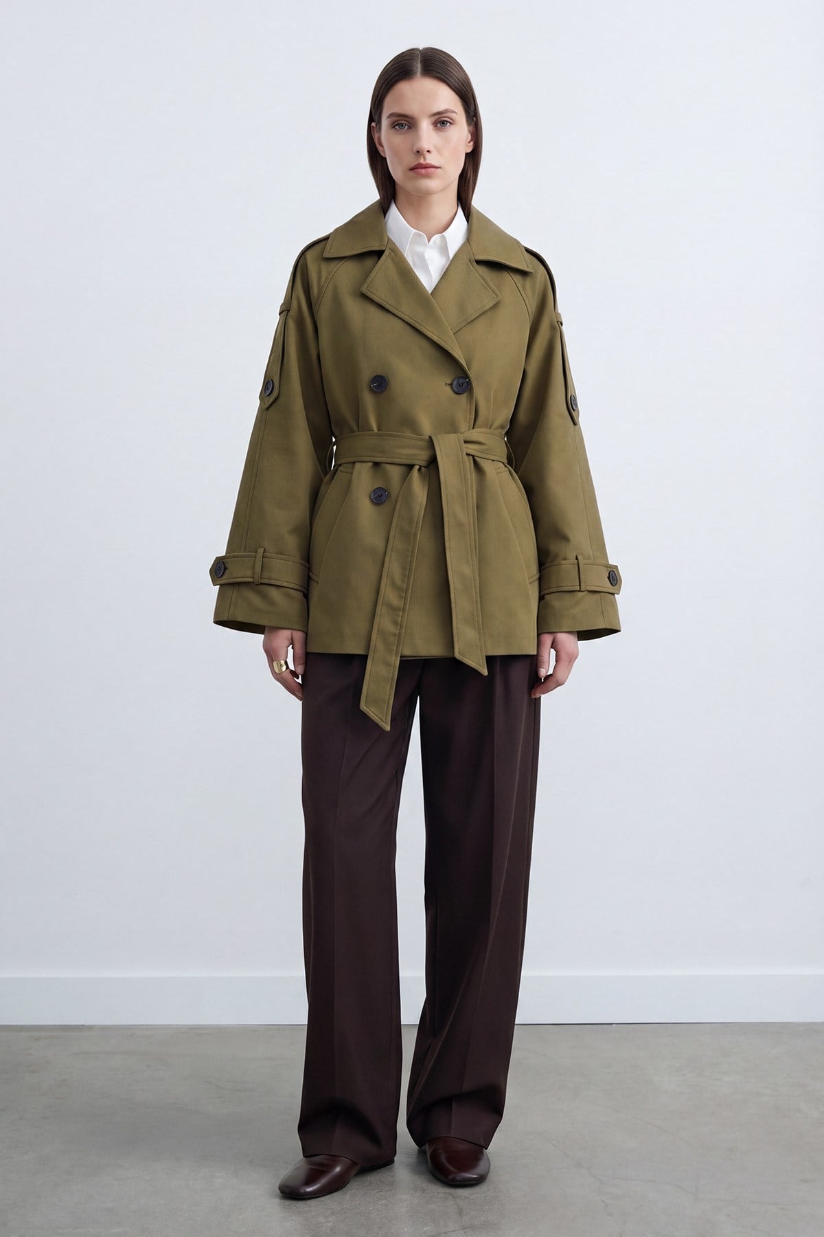 Kadın Kruvaze Yaka Kuşaklı Trençkot  – 32489CKT - KHAKI