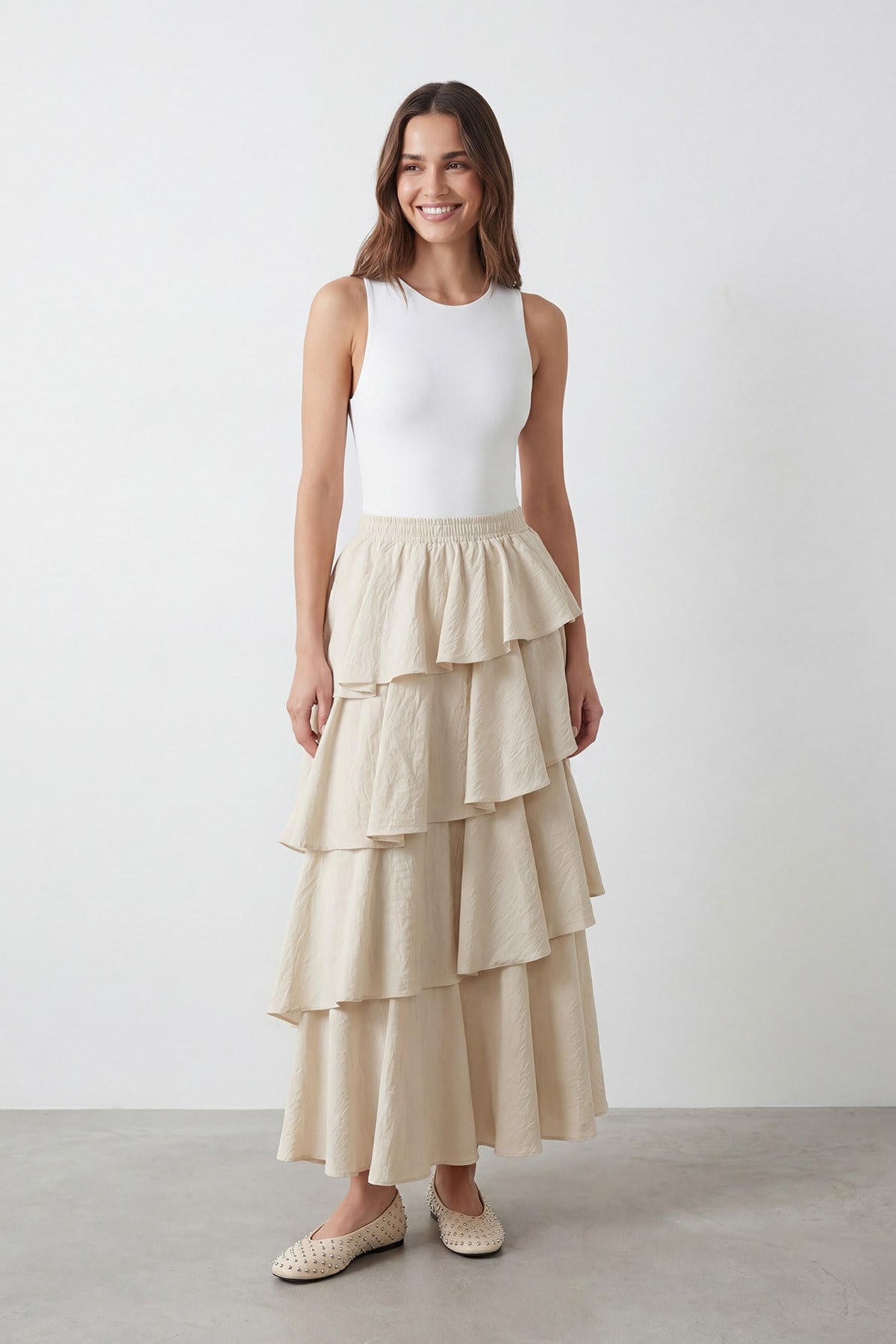 Kadın Kat Kat Volanlı Uzun Etek – 20768ETK - BEIGE