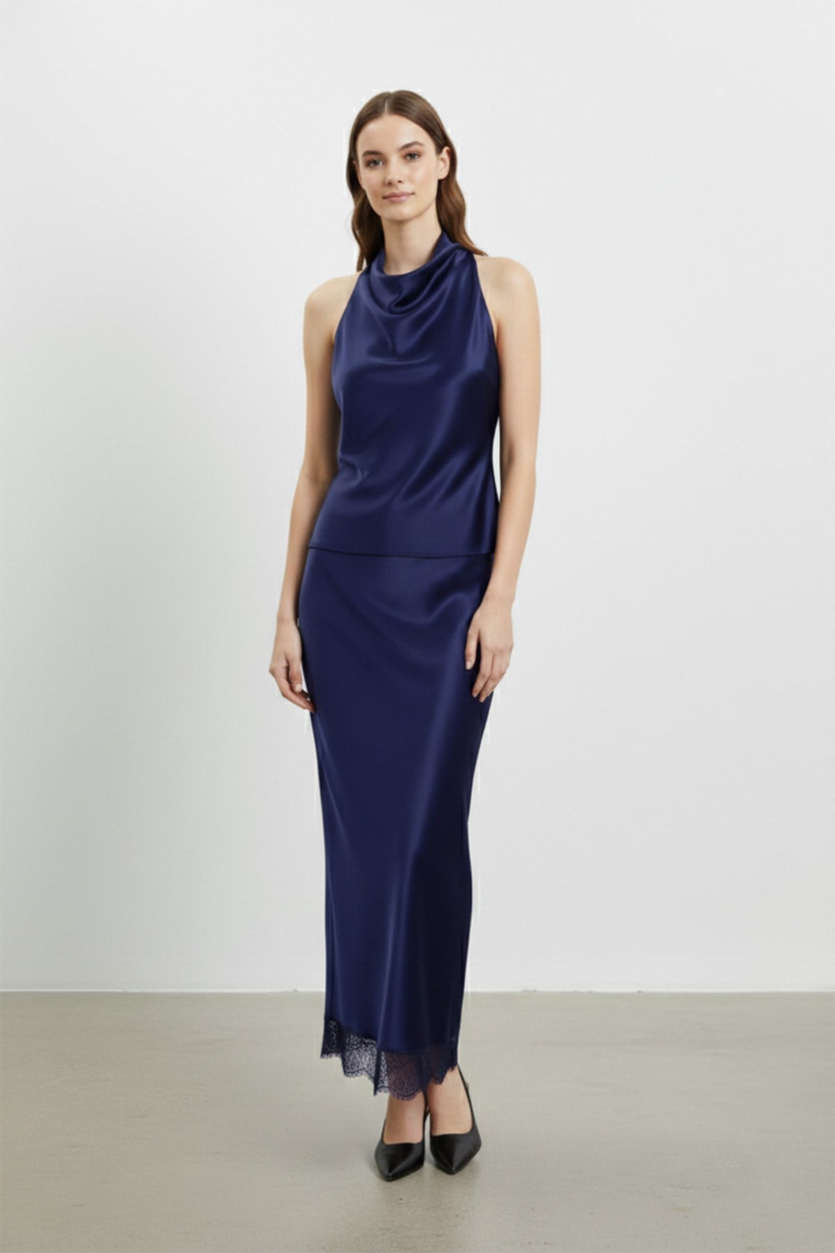 Saten Dantel Detaylı Uzun Etek-20729 - NAVY