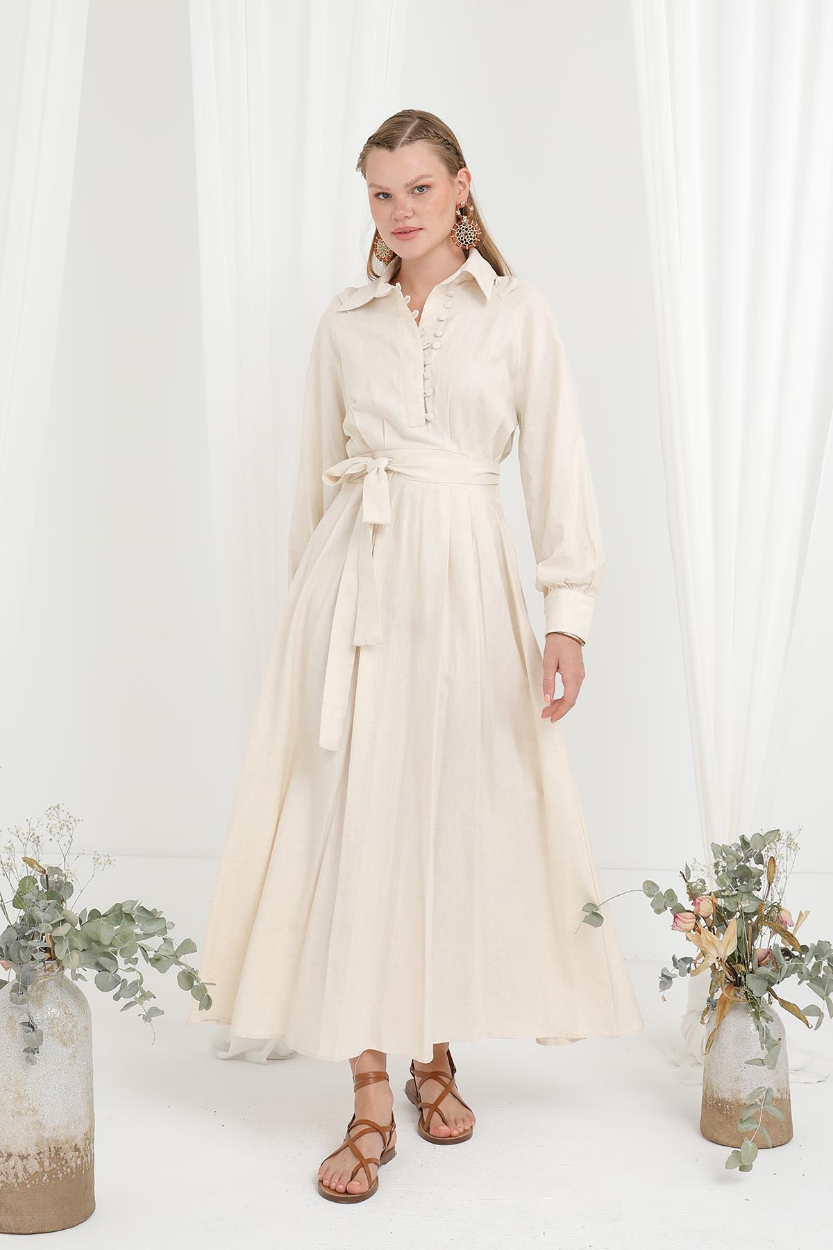 Kadın Kuşaklı Düğme Detaylı Hakim Yaka Elbise - 20688ELB - STONE