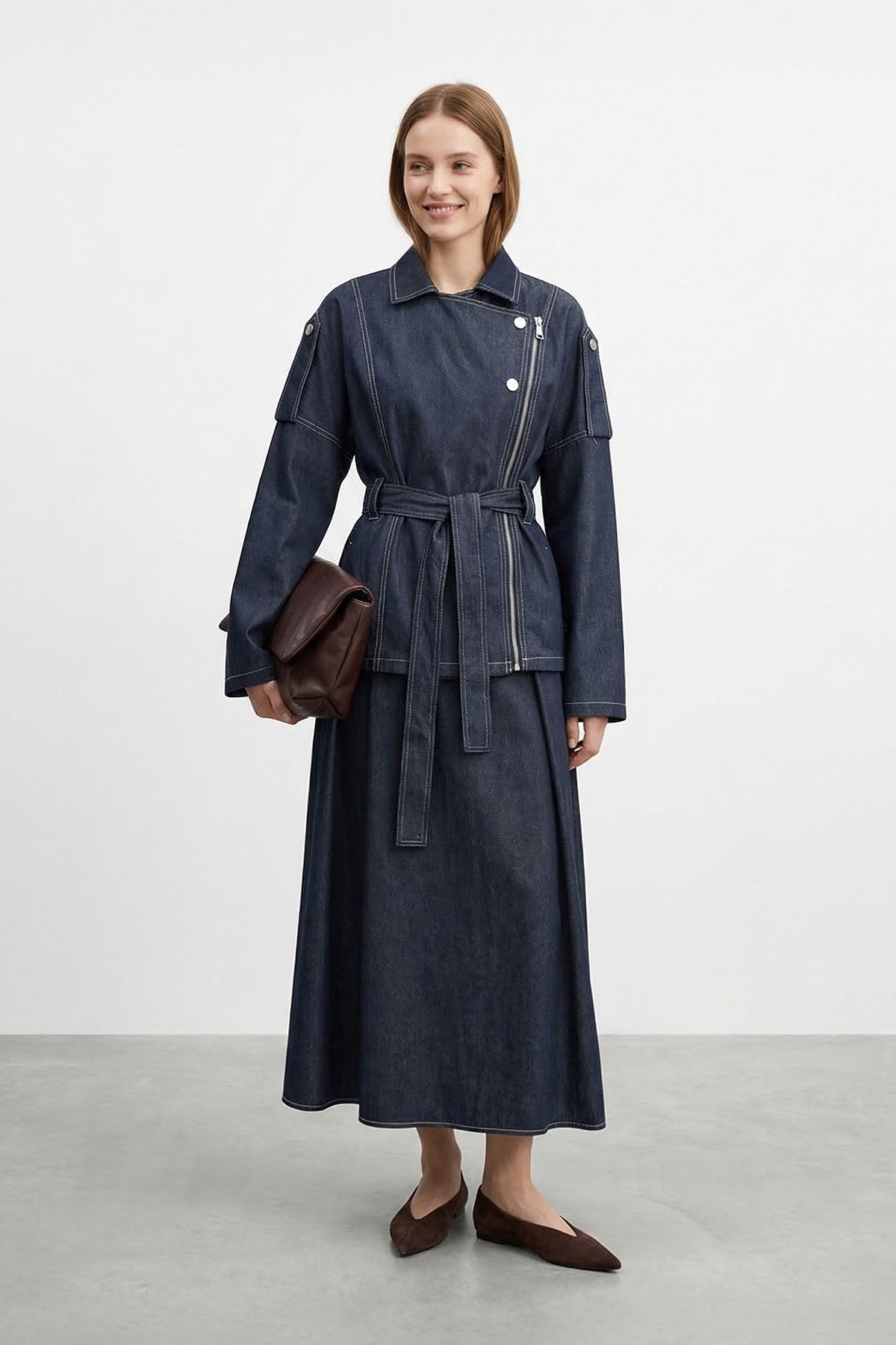 Kadın Fermaur Detaylı Kuşaklı Denim Takım– 20775TKS - NAVY