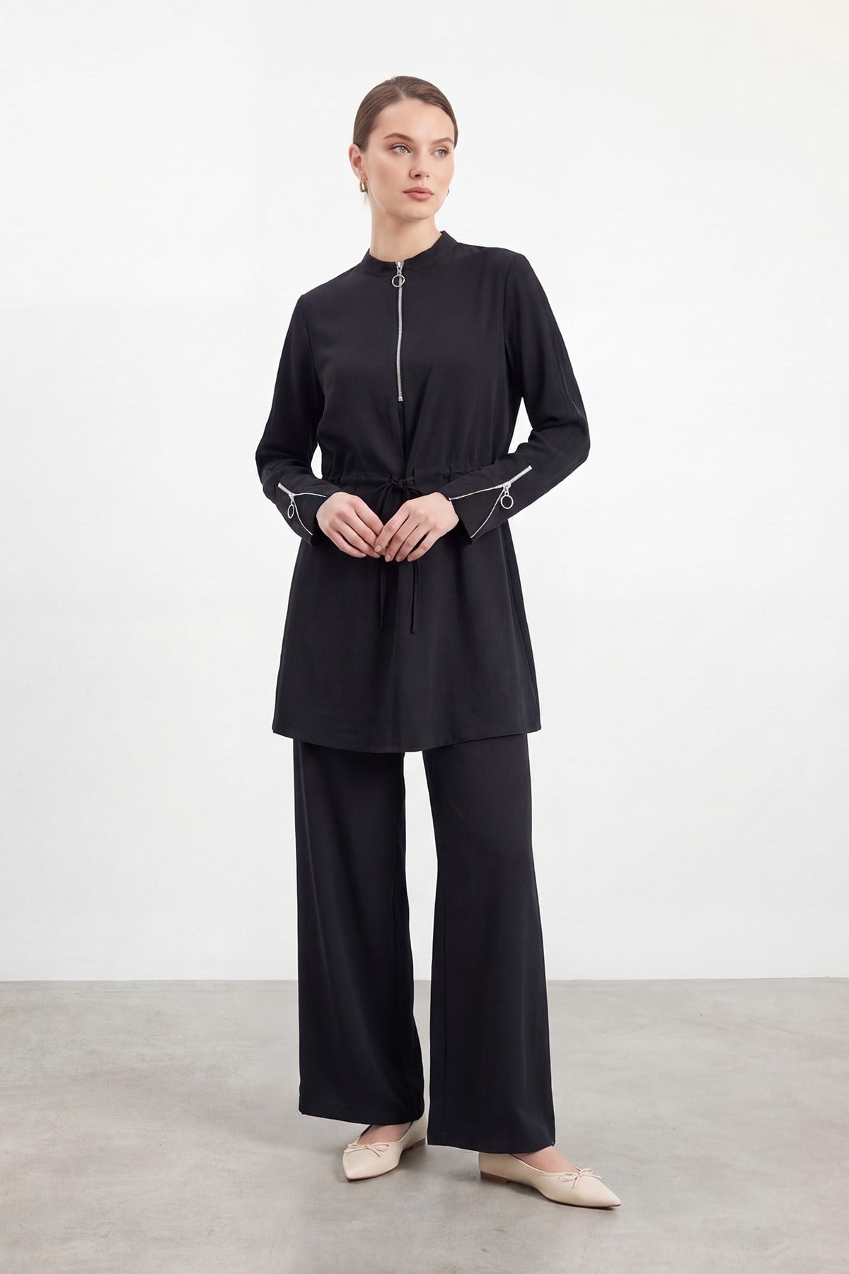 Kadın Fermuar Detaylı Beli Bağlamalı Takım – 14481TKS - BLACK
