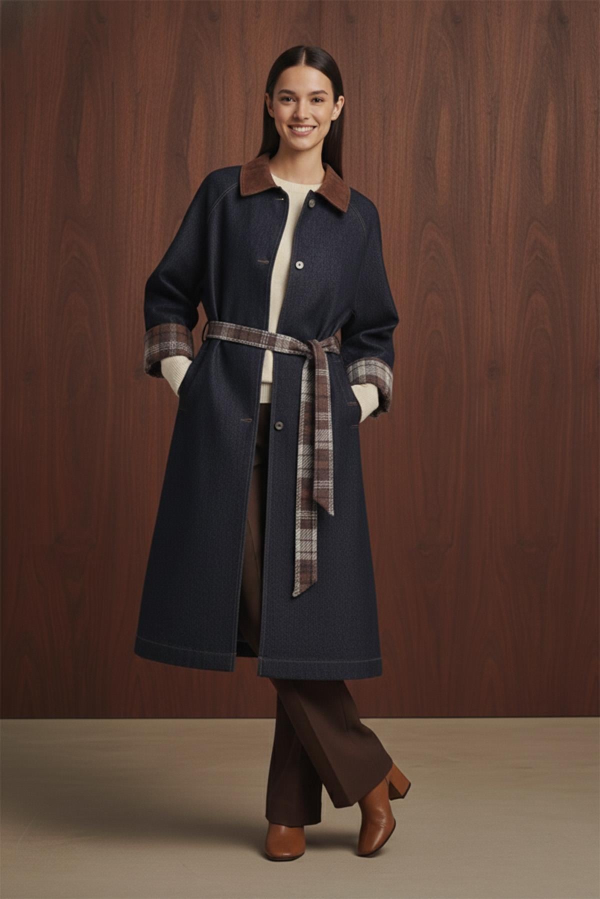 Kadın Ekose Detaylı Denim Trench  -  32392TRC - NAVY