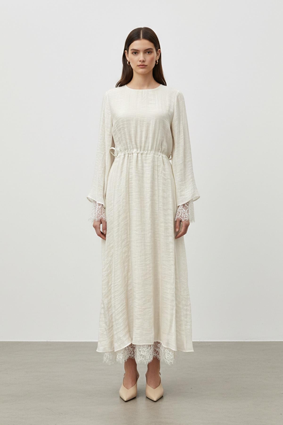 Kadın Belden Bağlamalı Dantel Detaylı Uzun Elbise-32466ELB - BEIGE