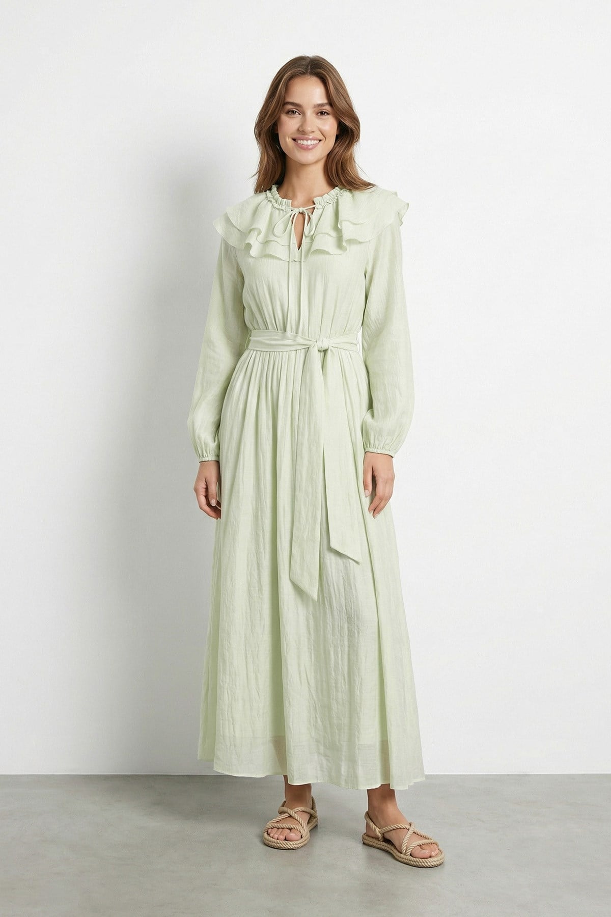 Kadın Fırfır Yakalı Kuşaklı Elbise - 32488ELB - ALMOND GREEN
