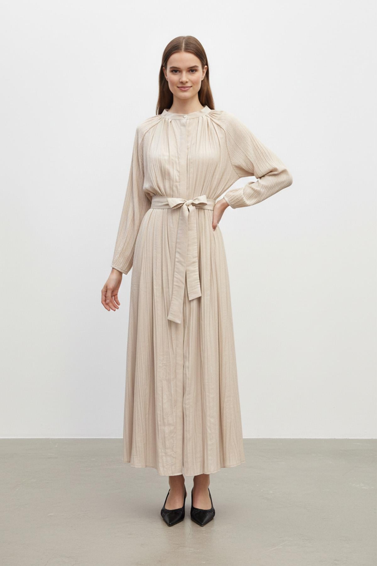 Kadın Yakası Pile Detaylı Kuşaklı Elbise - 12618ELB - STONE
