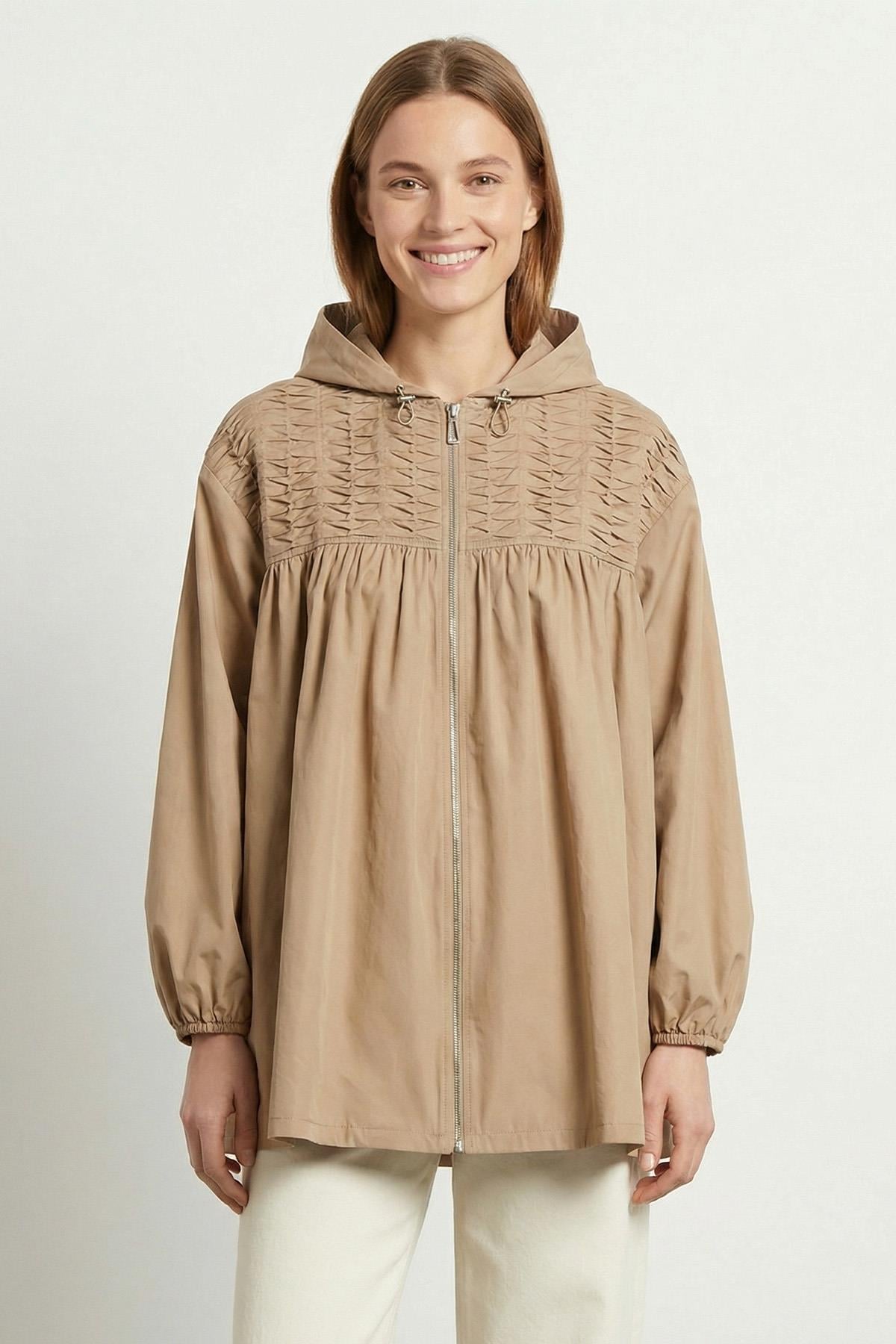 Kadın Kapüşonlu Ön Fermuarlı Mevsimlik Ceket – 32458CKT - MINK