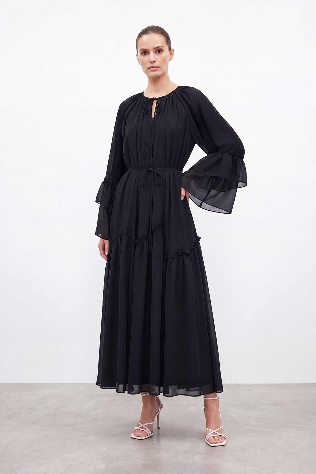 Kadın Bağcık Detaylı Volan Kol Uzun Elbise – 26S-12694ELB - BLACK