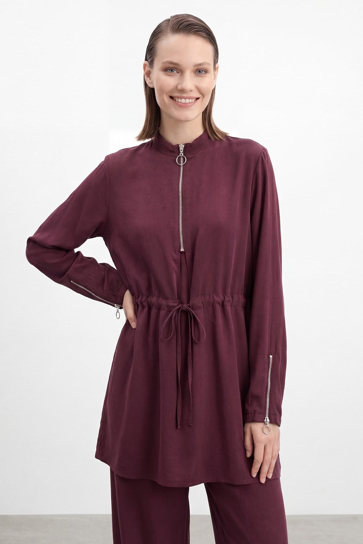 Kadın Fermuar Detaylı Beli Bağlamalı Takım – 14481TKS - BURGUNDY