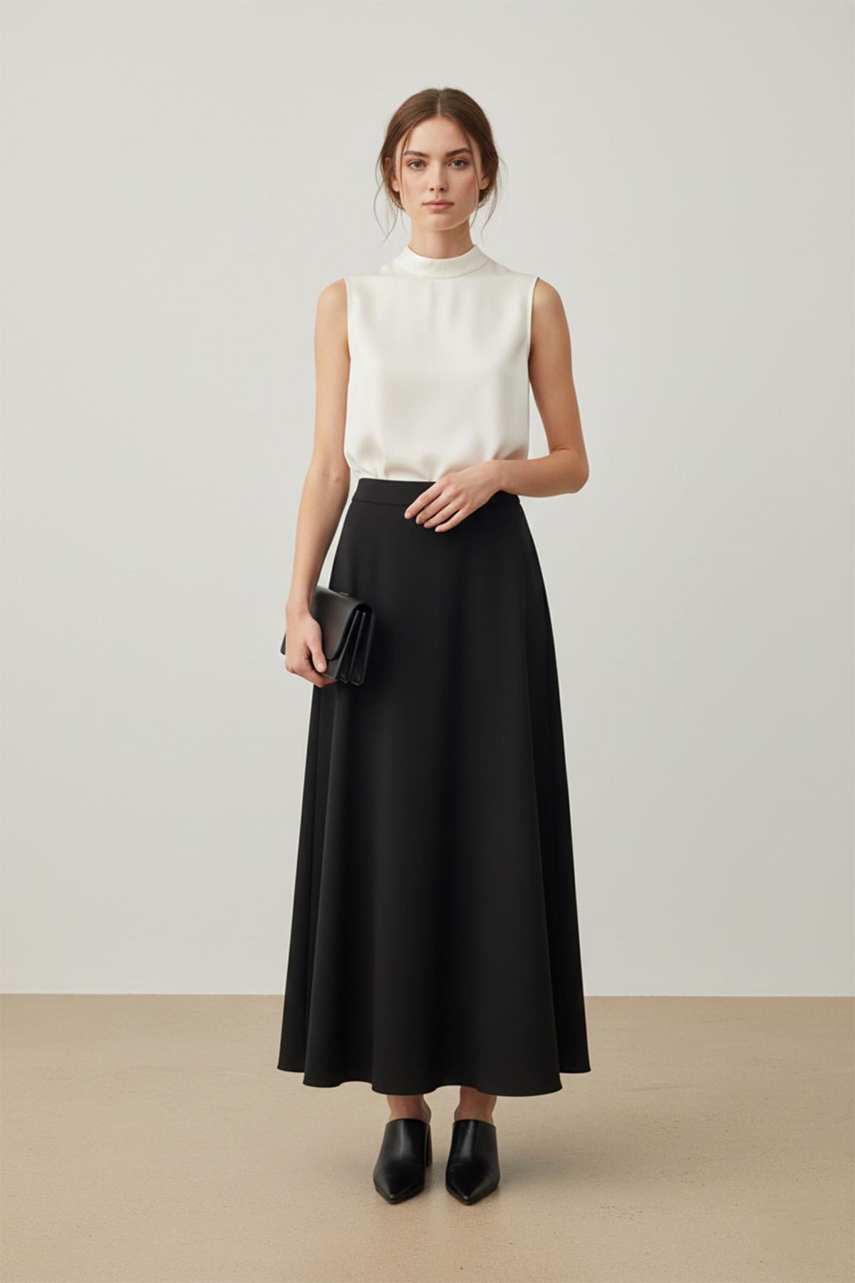 Kadın Yüksek Bel Uzun A Kesim Kumaş Etek -18291ETK - BLACK