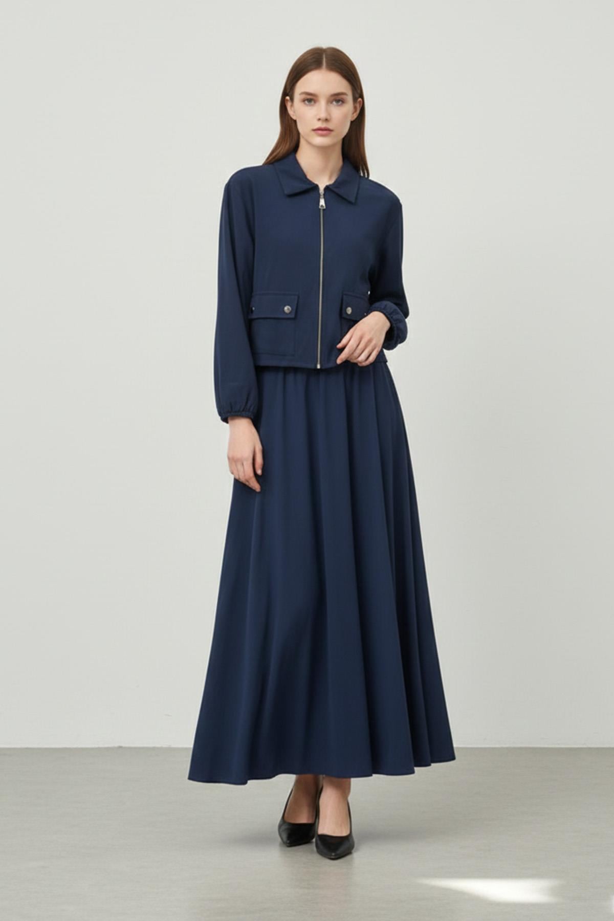 Fermuarlı Ceket ve Lastik Bel Etek Takımı – 14436 - NAVY