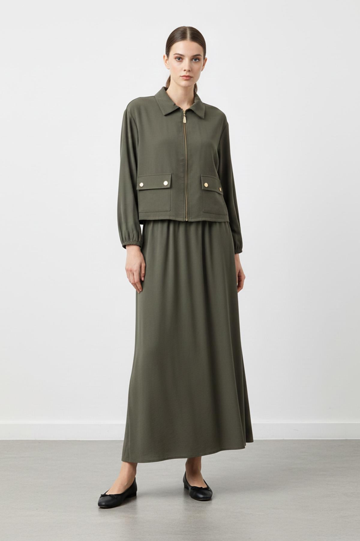 Fermuarlı Ceket ve Lastik Bel Etek Takımı – 14436 - KHAKI