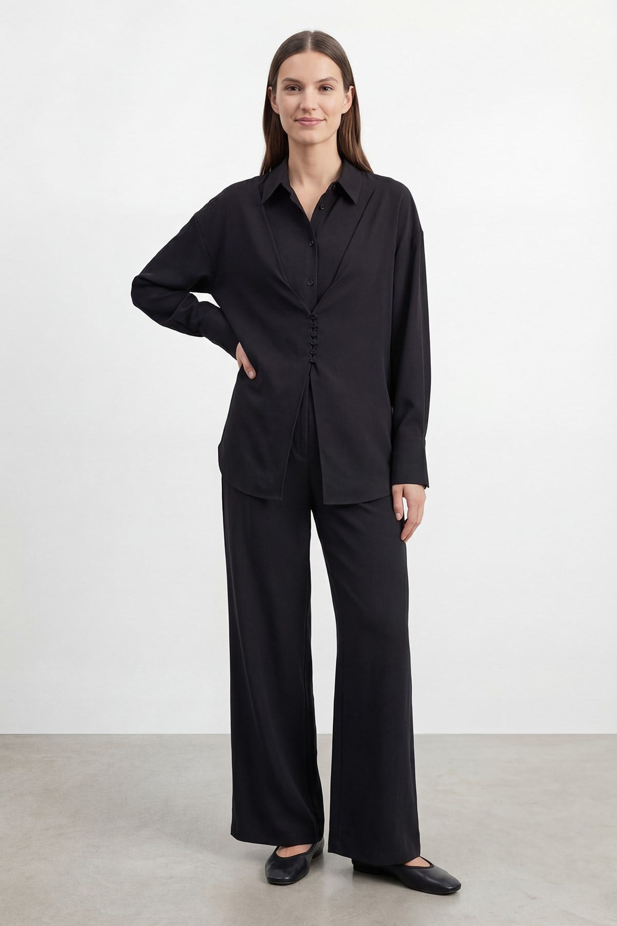 Kadın Gömlek Yaka Rahat Kesim Tunik Pantolon Takım – 32493TKS - BLACK