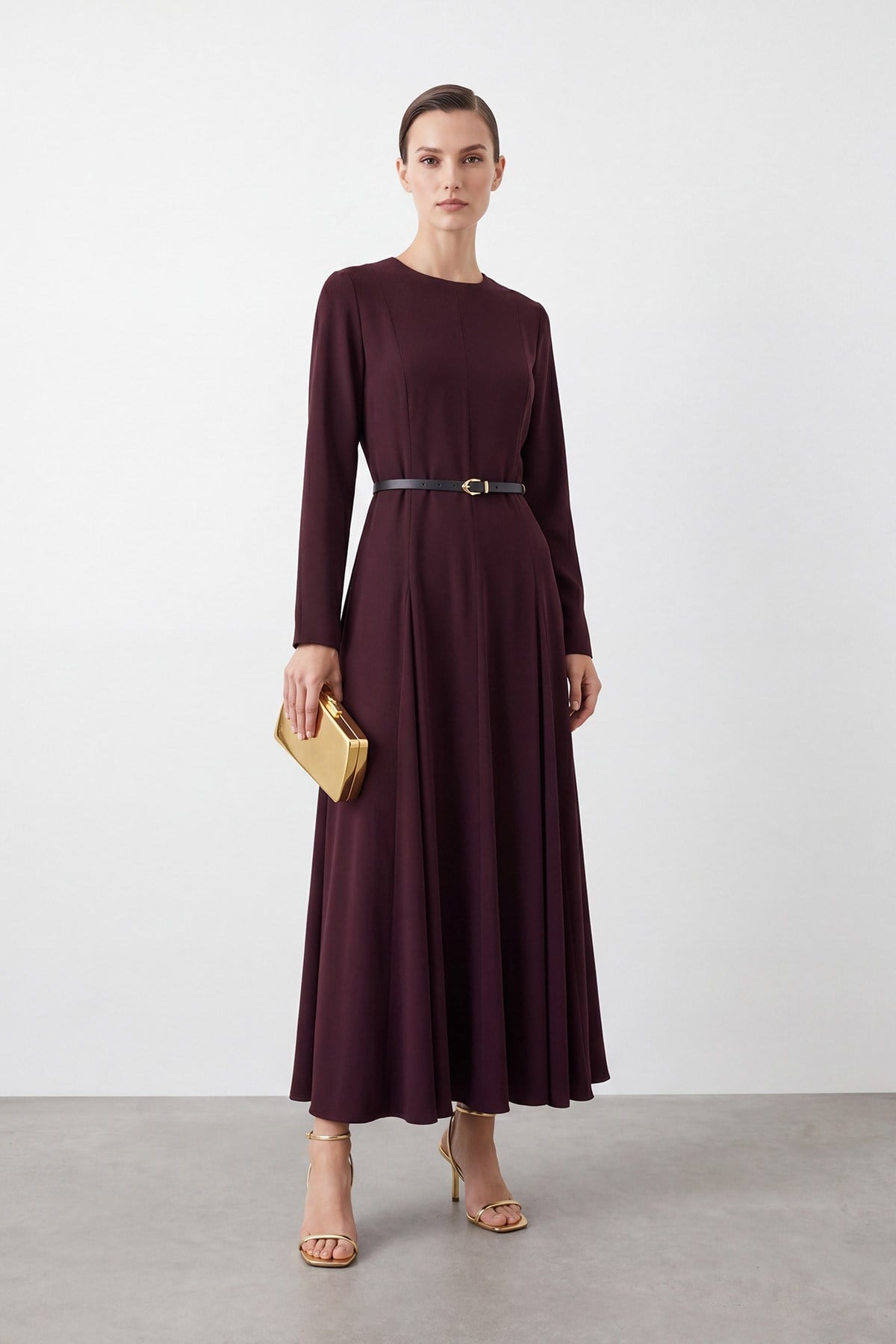 Kadın  Kemerli Maxi Elbise - 26S-12695ELB - BURGUNDY