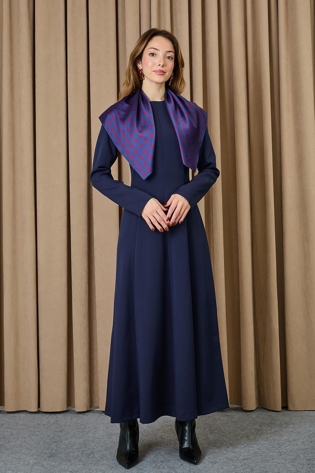 Şal Detaylı Zarif Uzun Elbise - 12657ELB - NAVY