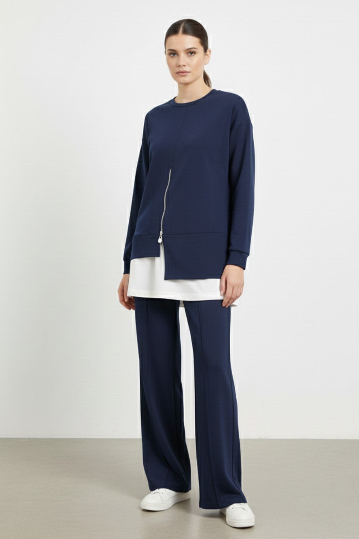 Kadın Fermuar Detaylı Tunik Pantolon Takımı-14438TKS - NAVY