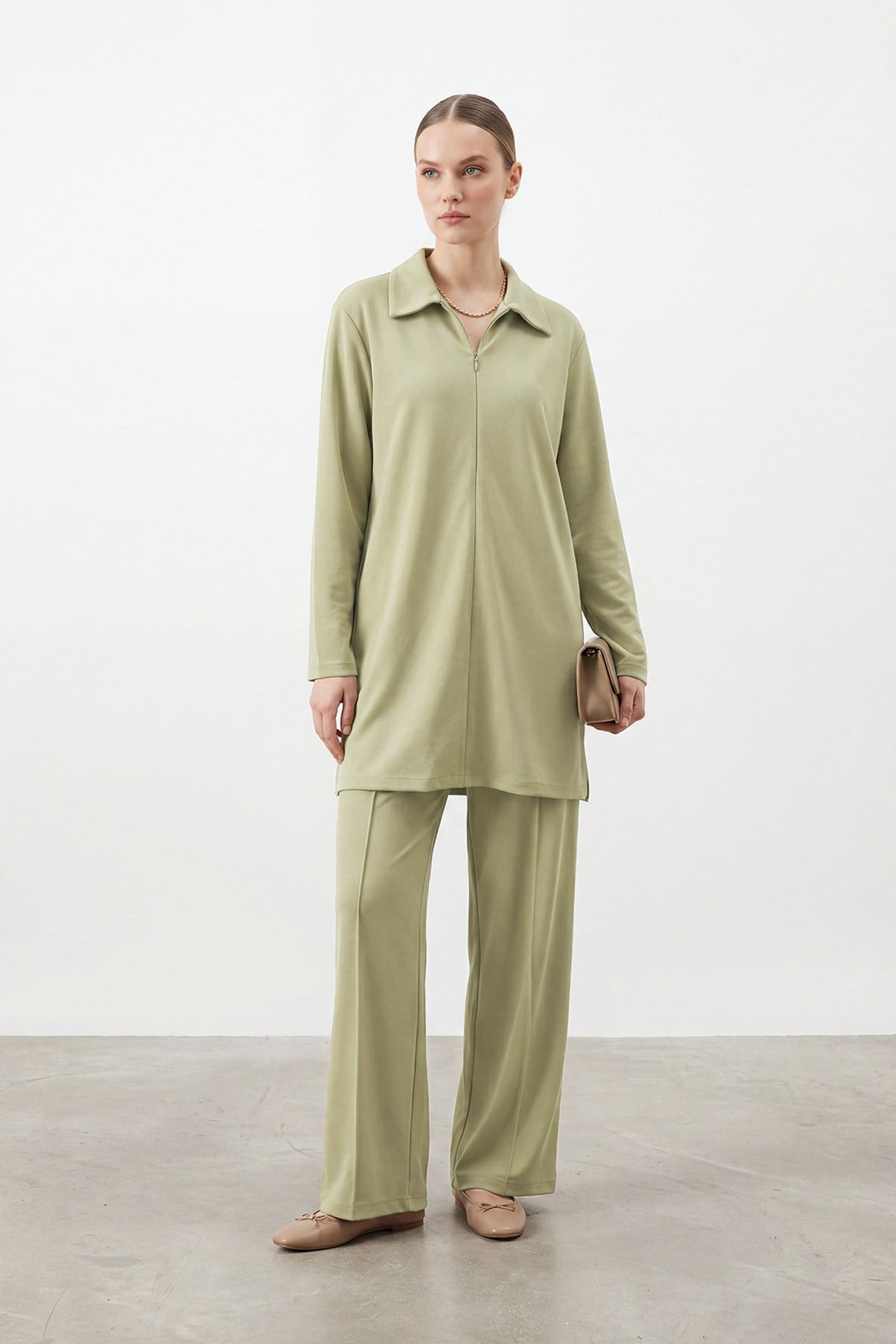 Kadın Gömlek Yaka Fermuarlı Rahat Kesim Tunik Pantolon Takım – 14445TKS - MINT