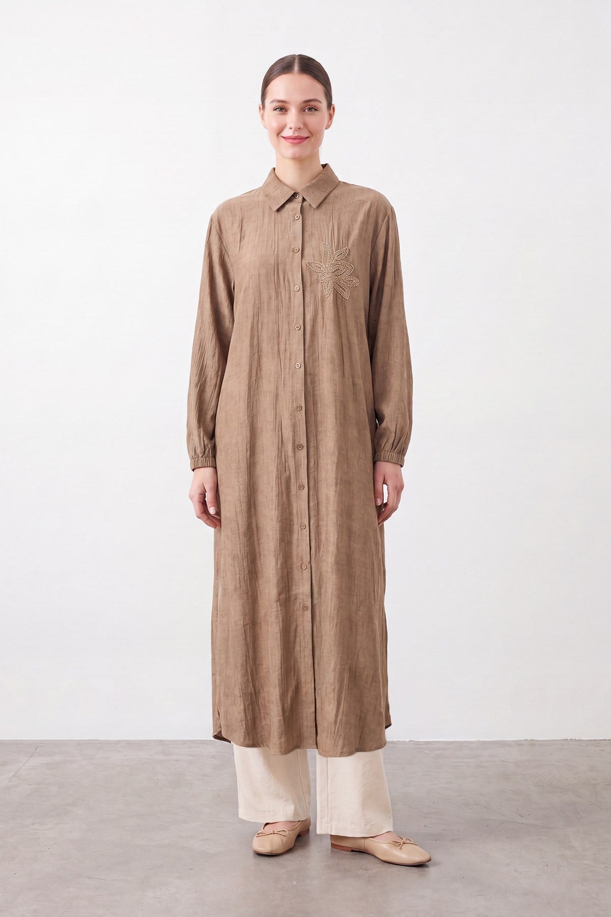 Kadın Taş Detaylı Uzun Gömlek Tunik- 10799TUN - MINK