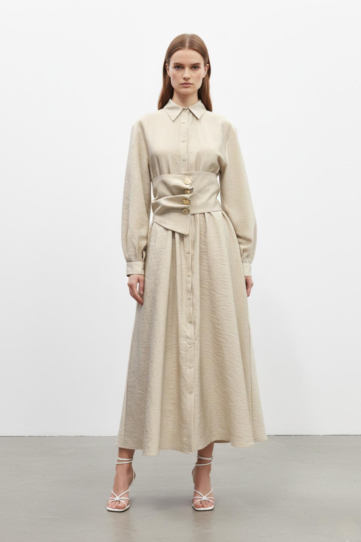 Kadın Gömlek Yaka Düğmeli Belden Toparlayıcı Uzun Elbise-32455ELB - STONE