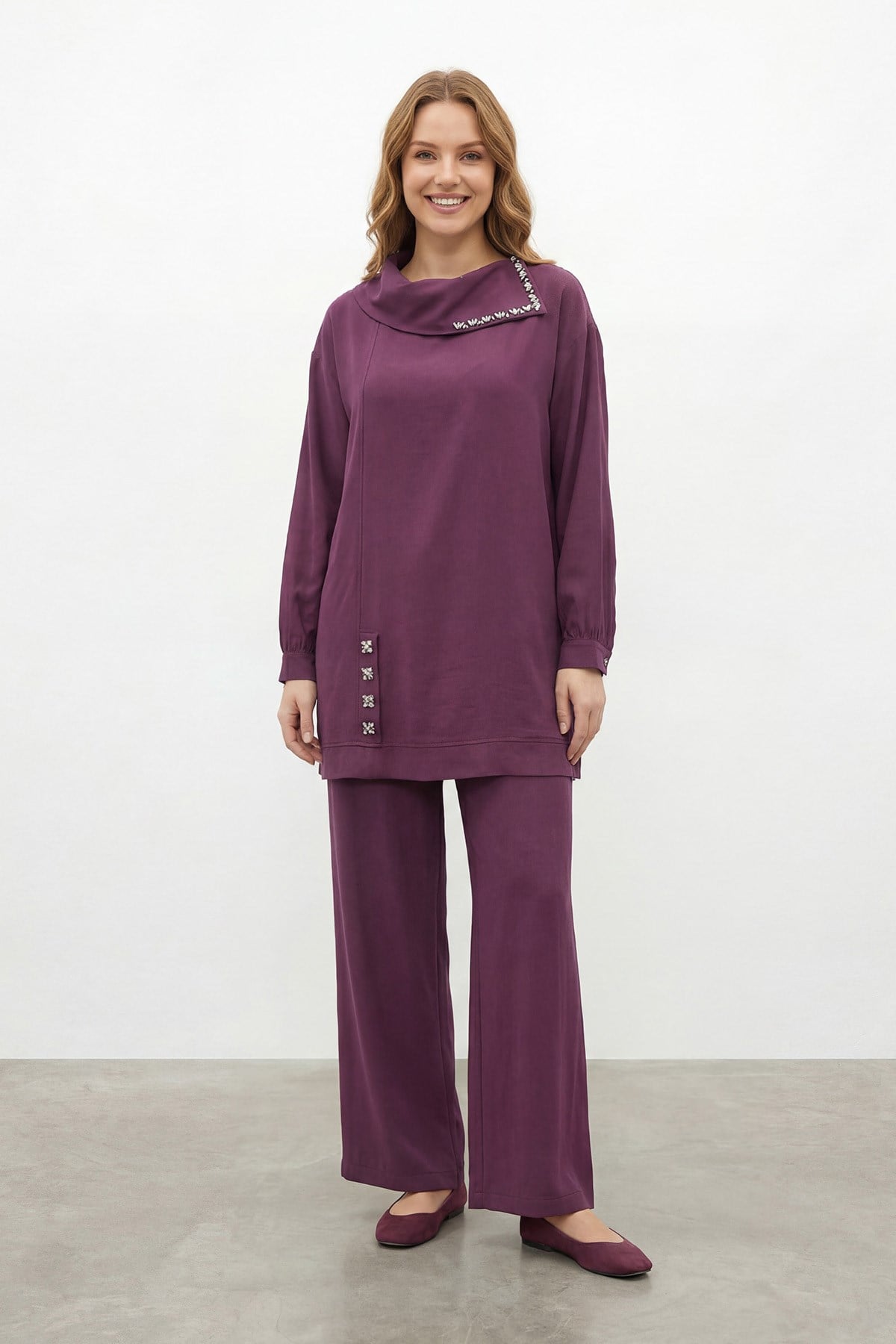 Kadın Degaje Yaka Taş Detaylı Tunik Pantolon Takım - 14448TKS - DAMSON