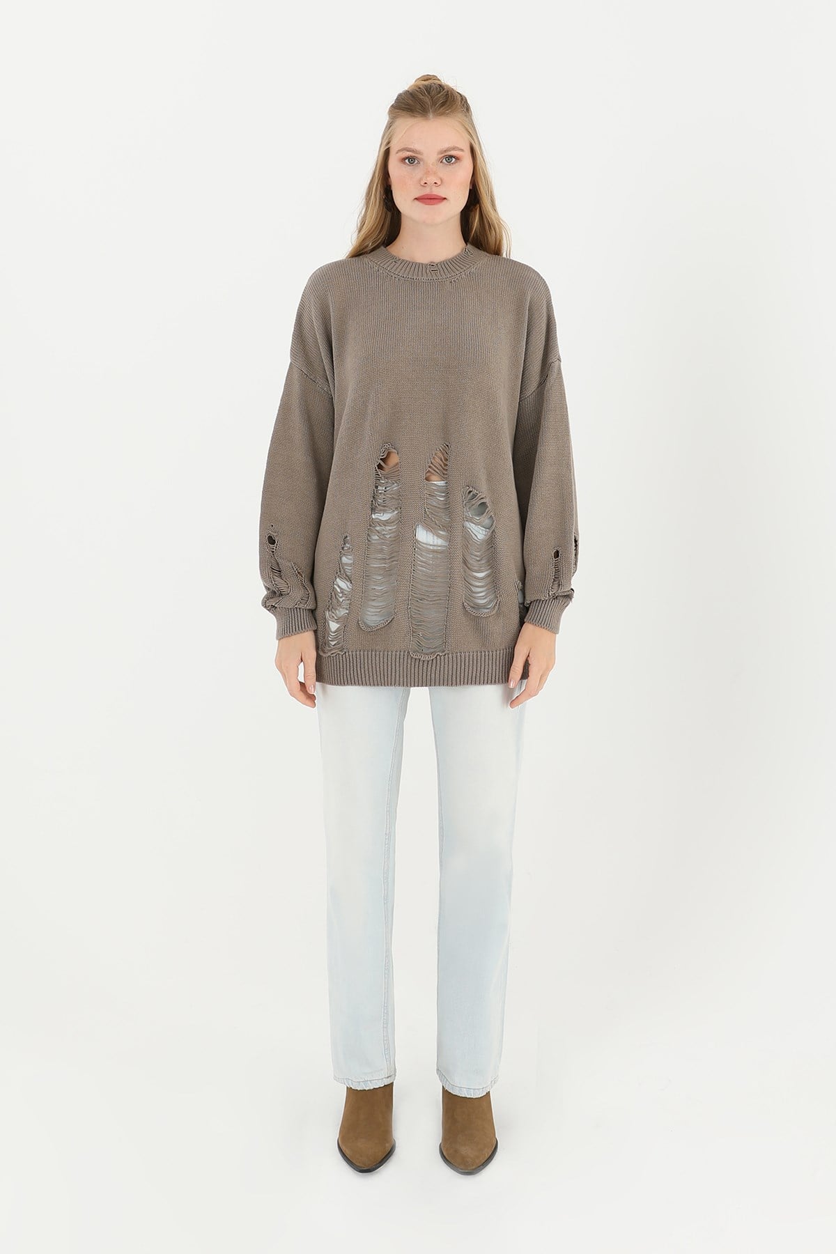 Kadın Yırtıklı Triko Tunik  - 32034TUN - MINK