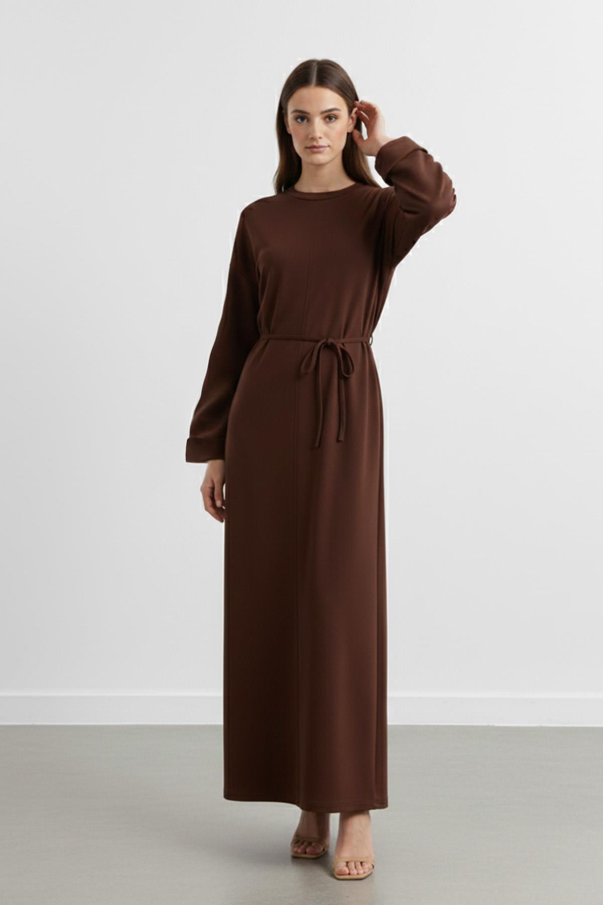 Kadın Basic Bel Detaylı Uzun Kollu Scuba  Elbise-12672ELB - BROWN