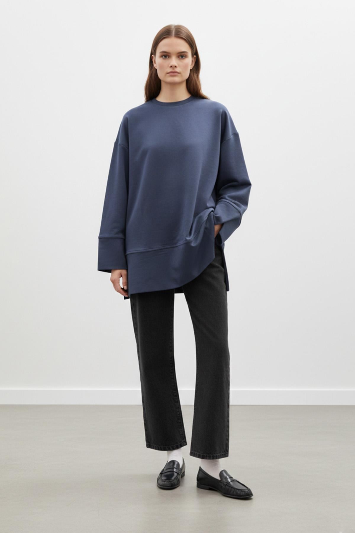 Kadın Bisiklet Yaka Düşük Omuz Örme Tunik -20735TUN - NAVY