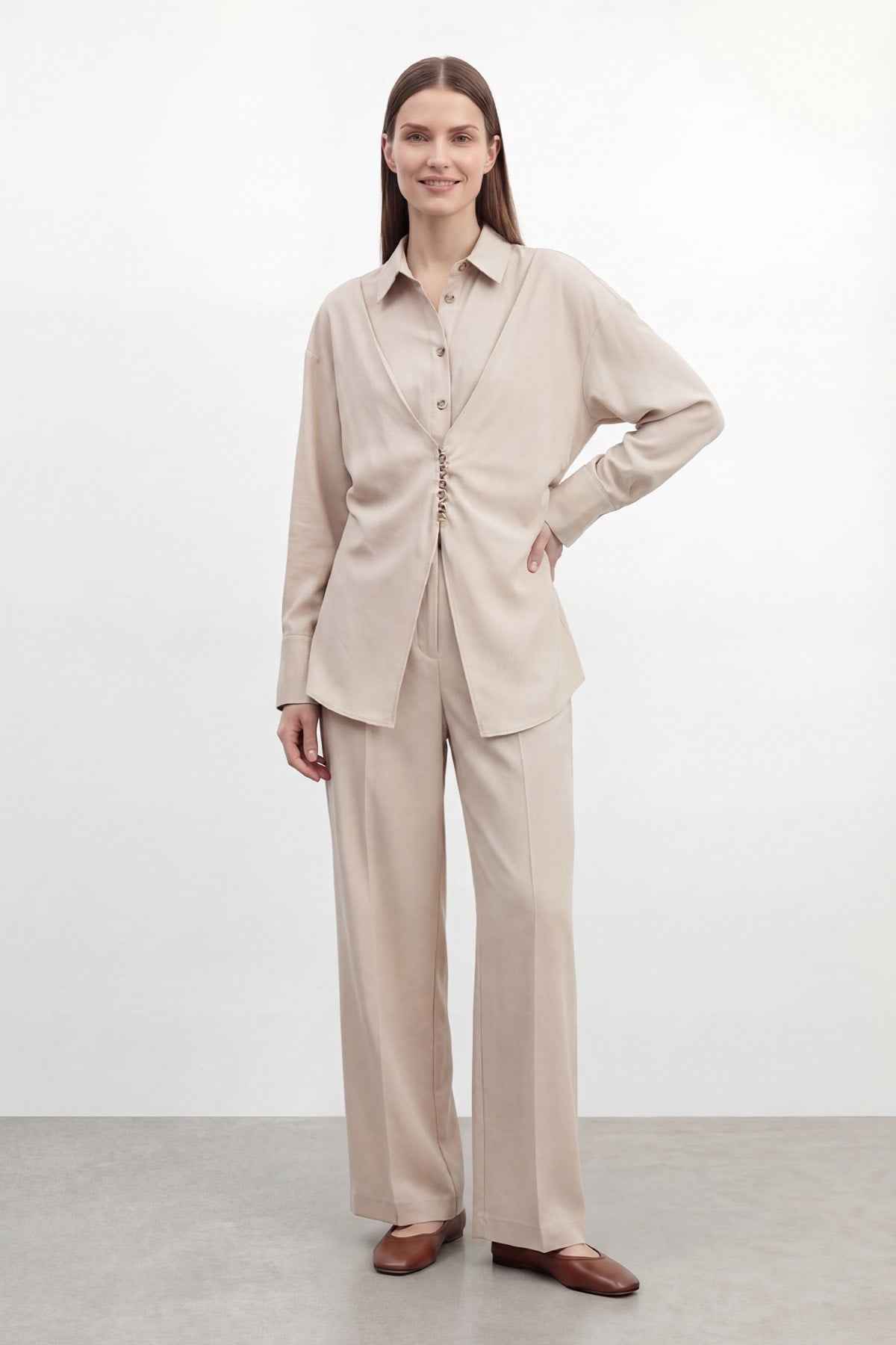 Kadın Gömlek Yaka Rahat Kesim Tunik Pantolon Takım – 32493TKS - BEIGE