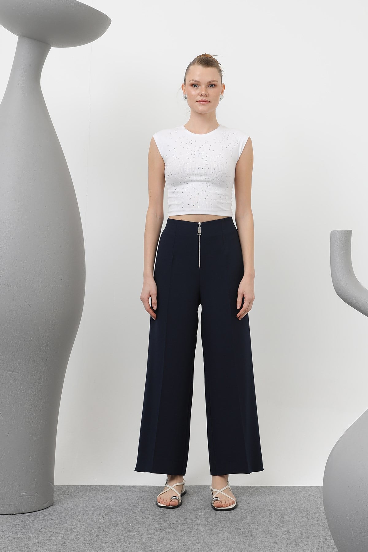 Kadın Fermuar Detaylı Pensli Pantolon- 18228PNT - NAVY