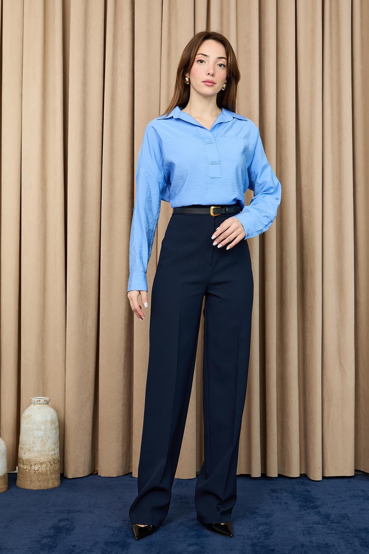 Kadın Yüksek Bel Kumaş Pantolon -18279PNT - NAVY
