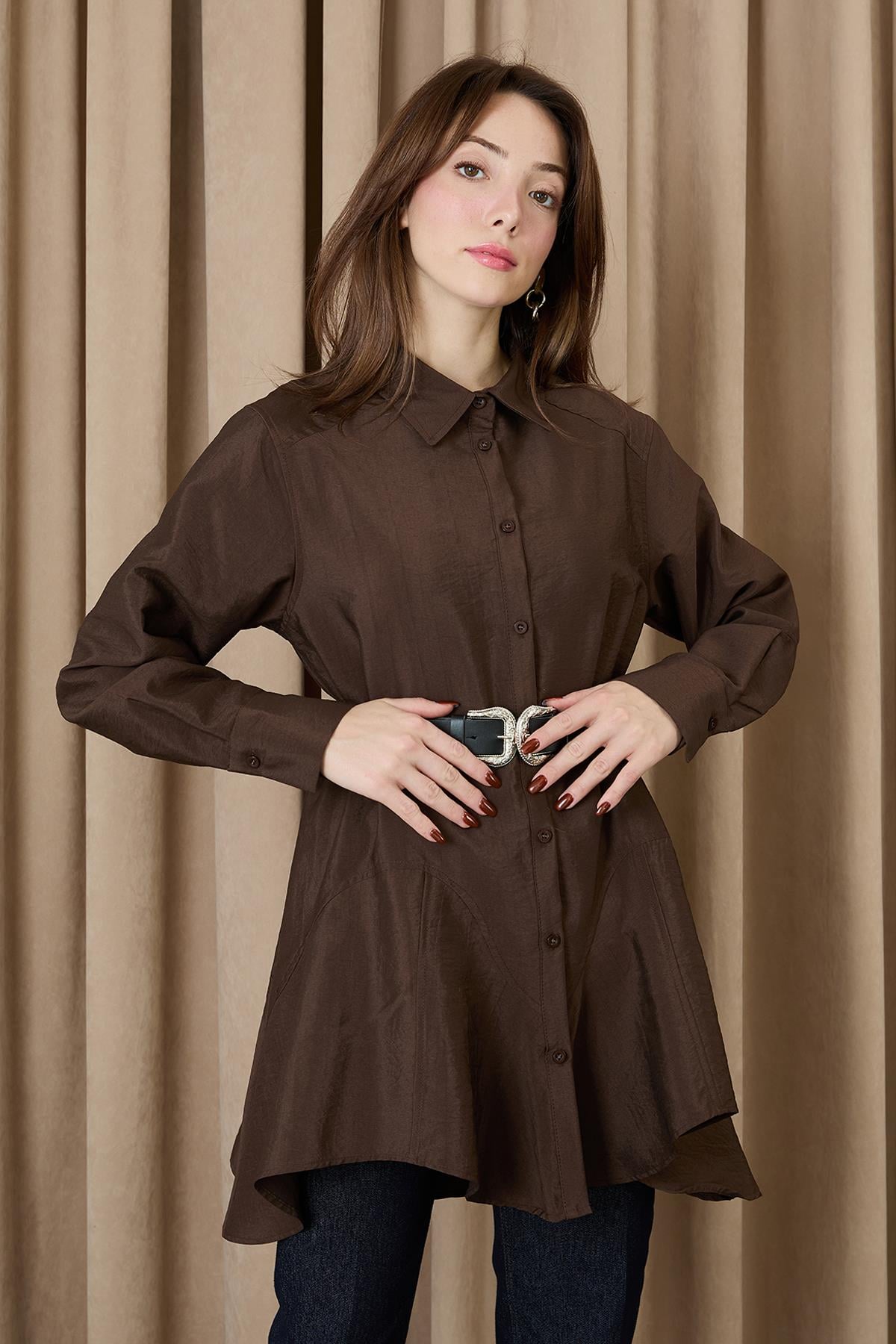 Kadın Dikiş Detaylı Kemerli Gömlek - 20708GML - BROWN