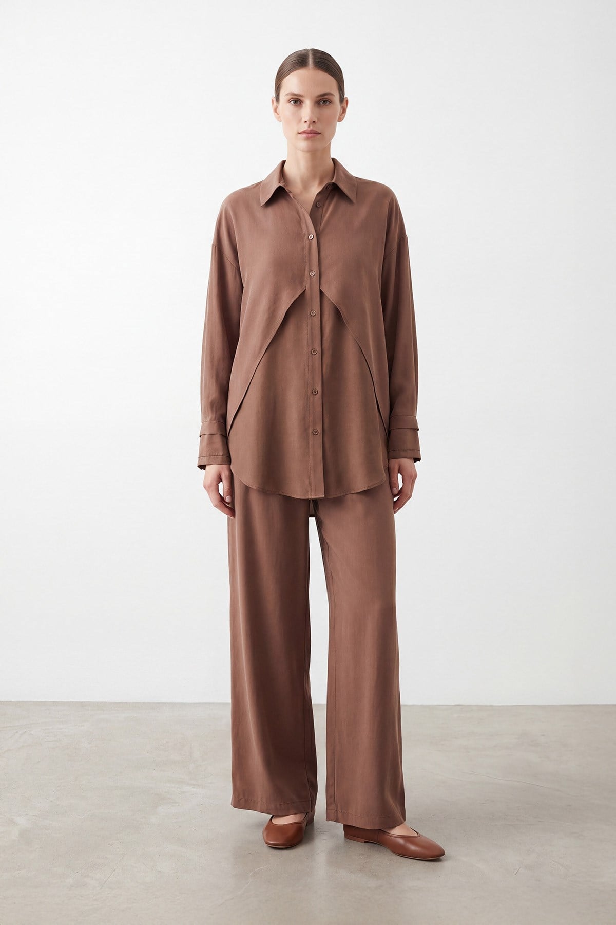 Kadın Asimetrik Kesim Gömlek Pantolon Takım – 26S-14471TKS - BROWN