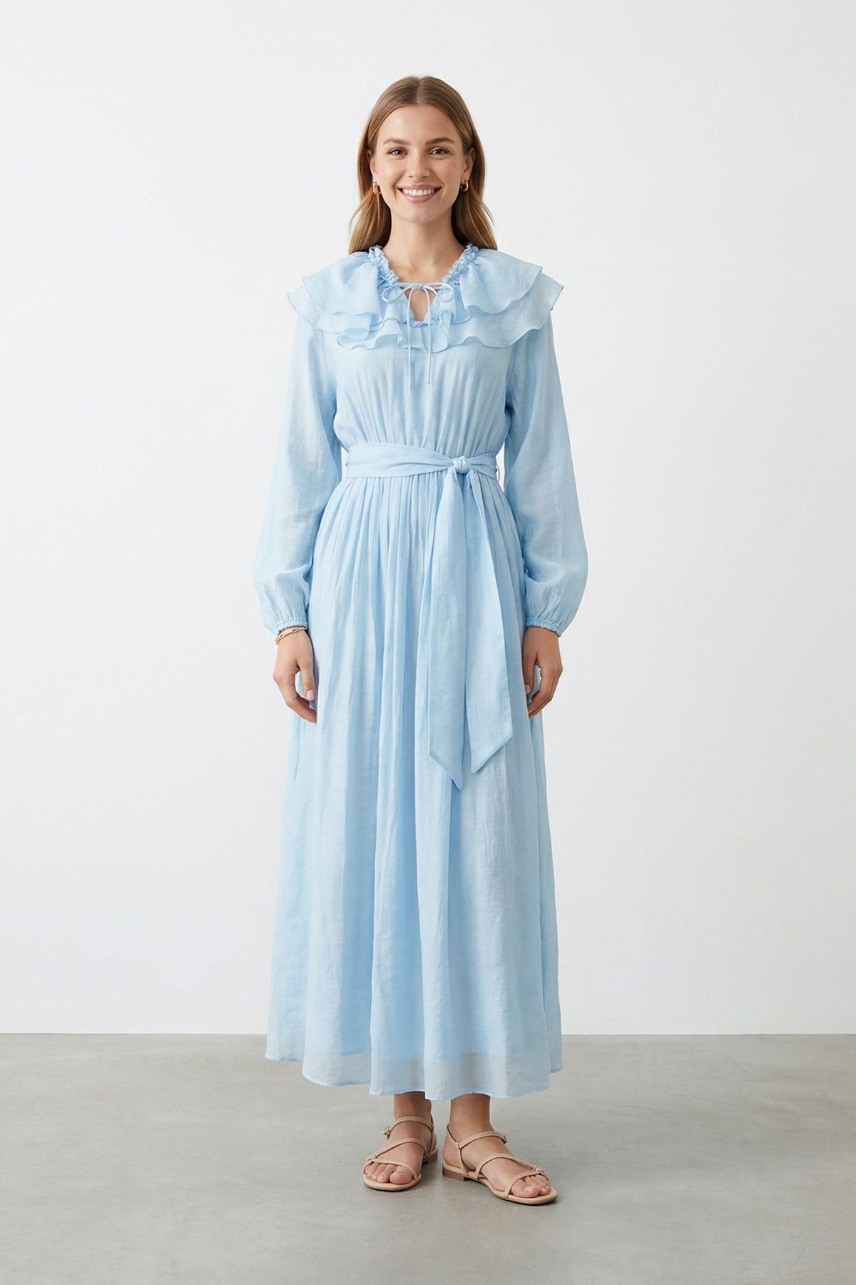 Kadın Fırfır Yakalı Kuşaklı Elbise - 32488ELB - BLUE