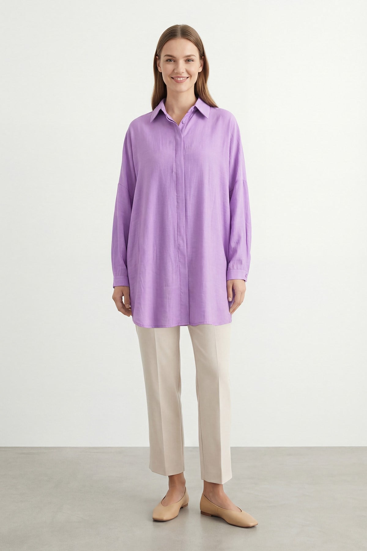 Kadın Rahat Kesim Uzun Gömlek – 10778GML - LILA