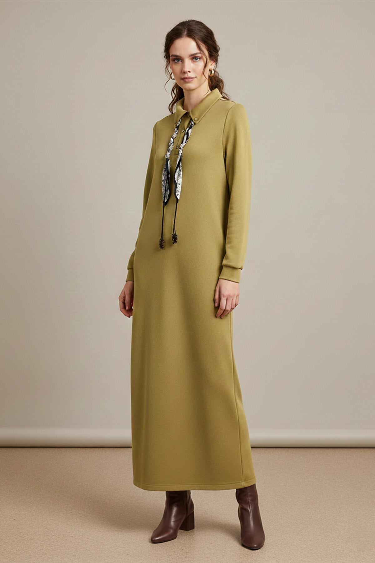 Kadın Fular Detaylı Polo Yaka Rahat Kesim  Elbise – 12669ELB - OLIVE