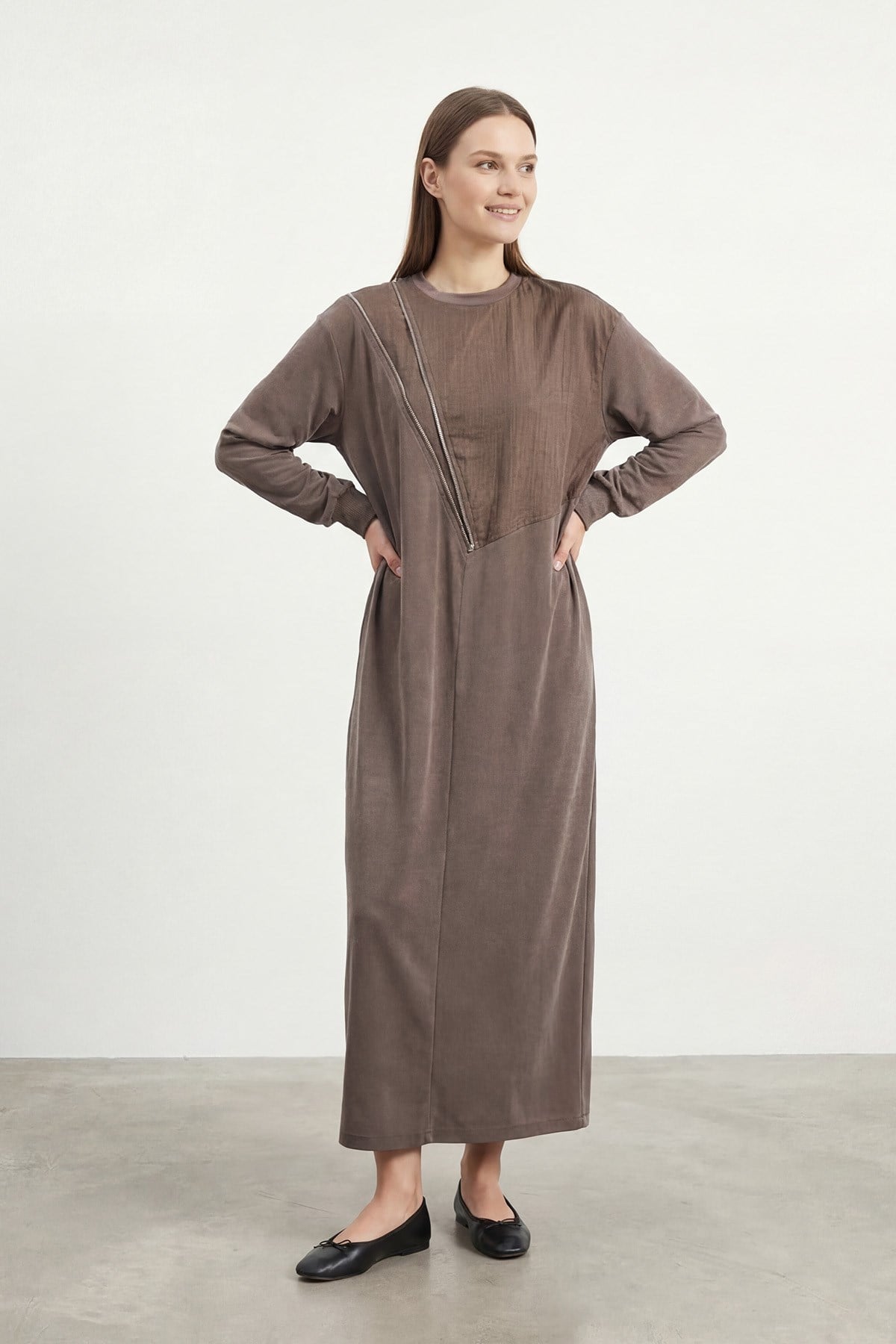 Kadın Fermuar Detaylı Uzun   Elbise – 12686ELB - BROWN