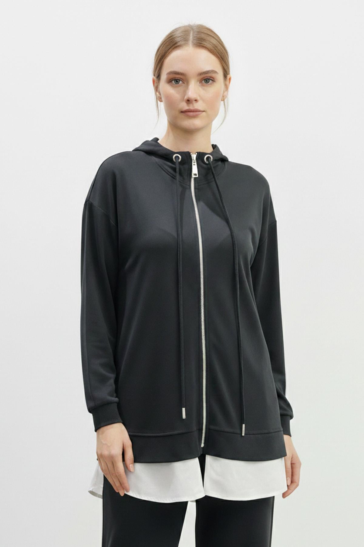 Kadın Kapüşonlu Fermuarlı Tunik Pantolon Takımı-14427 - BLACK