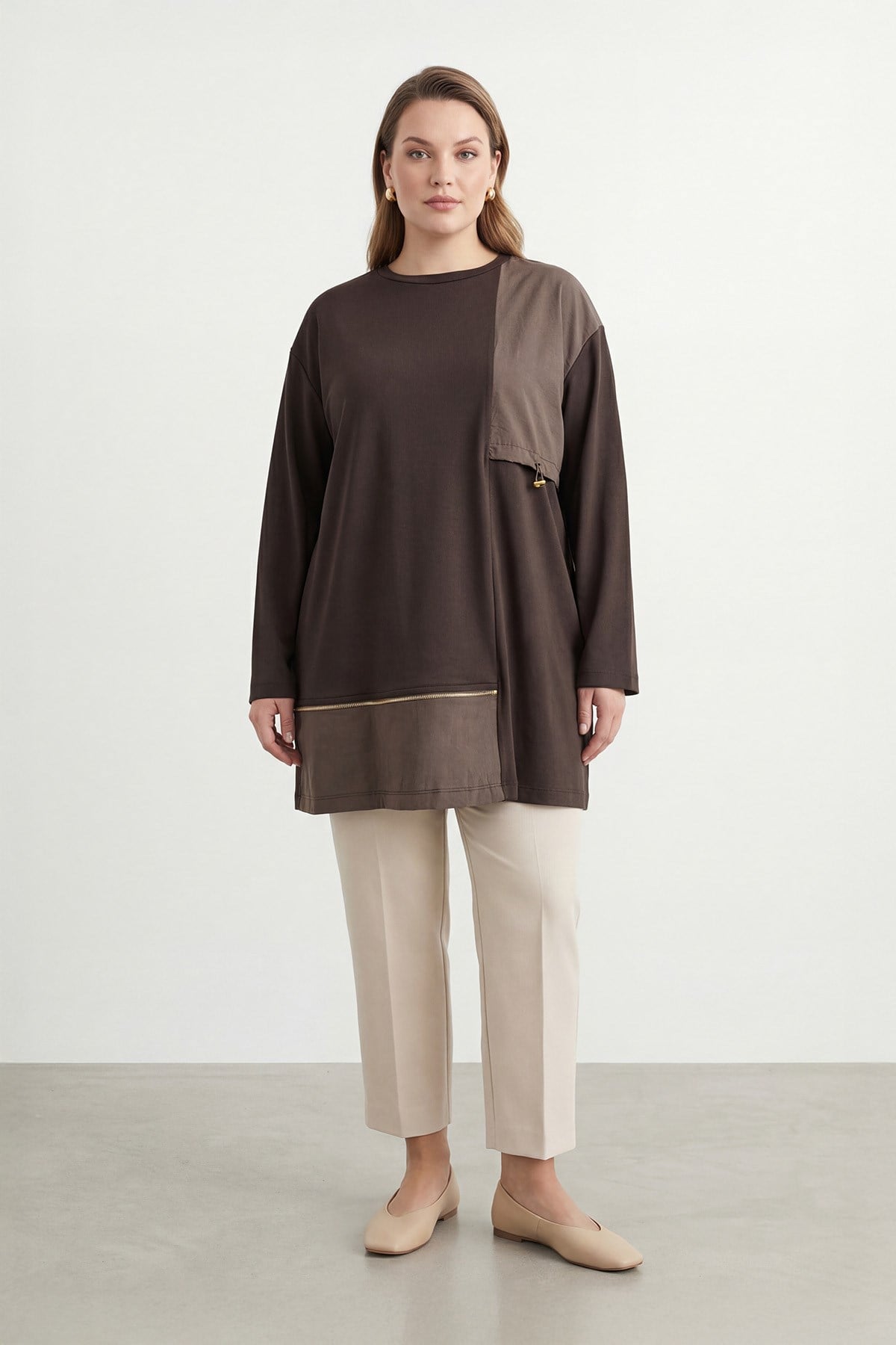 Kadın Büyük Beden Fermuar Detaylı Tunik – 19268TUN - BROWN