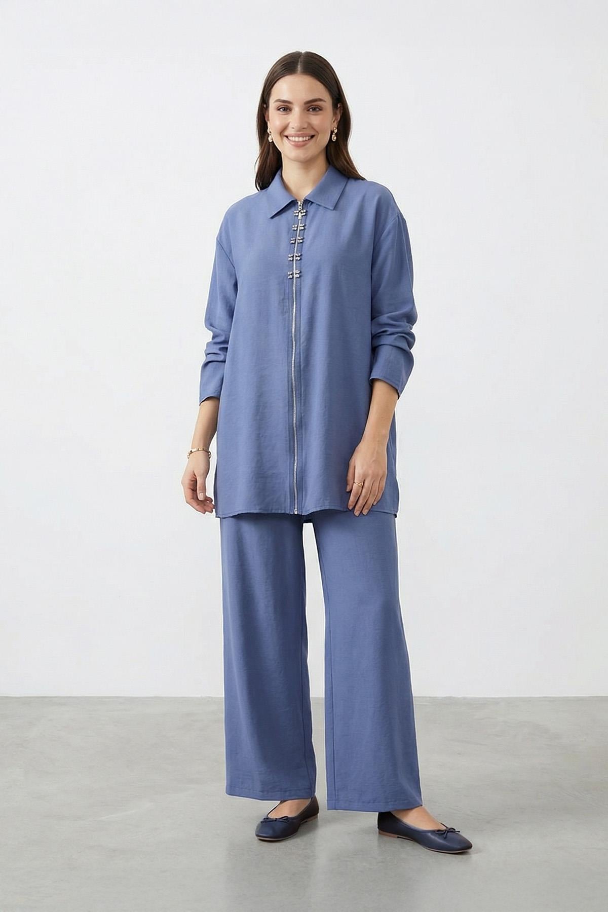 Kadın Gömlek Yaka Fermuarlı Tunik Pantolon Takım – 14446TKS - INDIGO