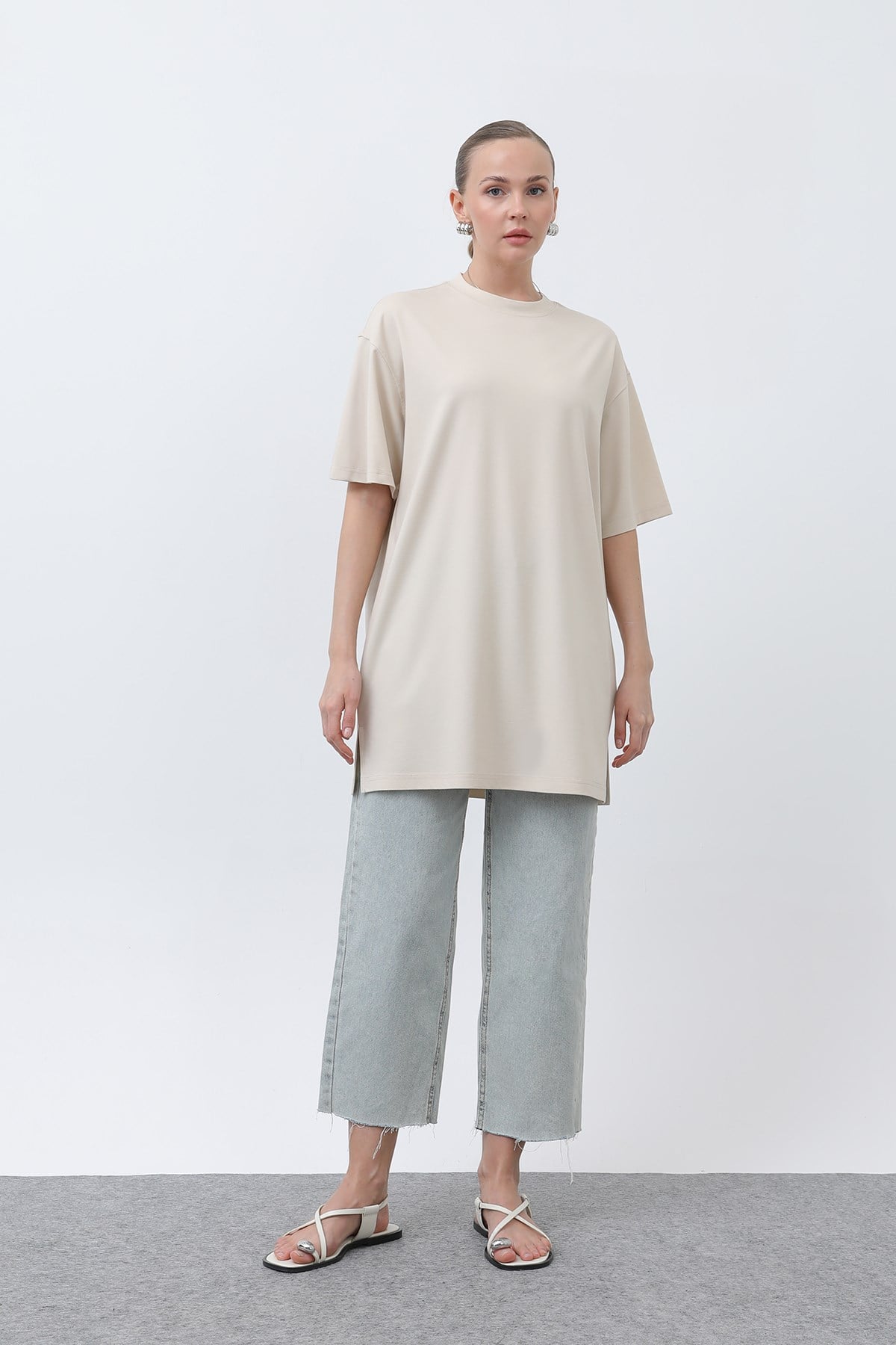 Kadın Uzun Bol Kesim Tshirt - 40009TSH - BEIGE